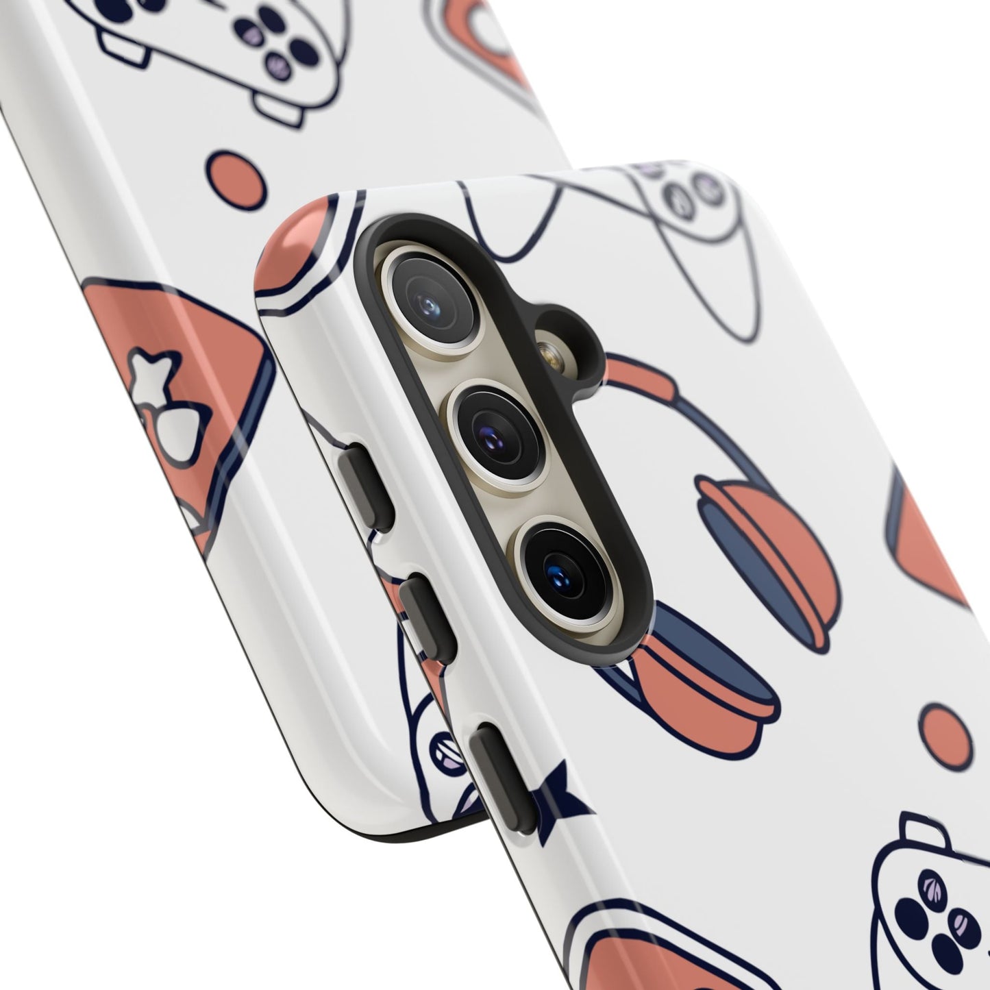 Samsung phone with a durable gamer tough phone case featuring a playful gaming controller design and impact-resistant protection.