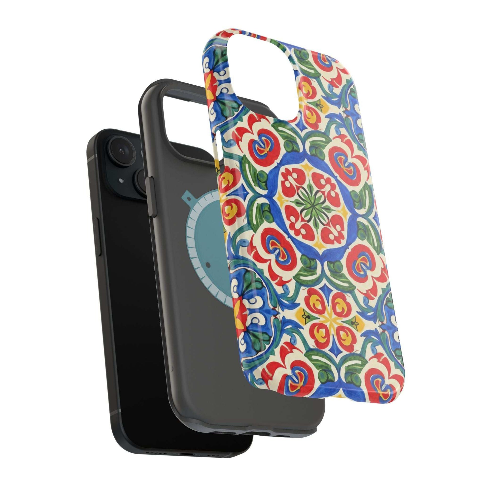 Mediterranean iPhone case with hand-painted Spanish ceramic folk tile pattern, impact-resistant dual-layer protection