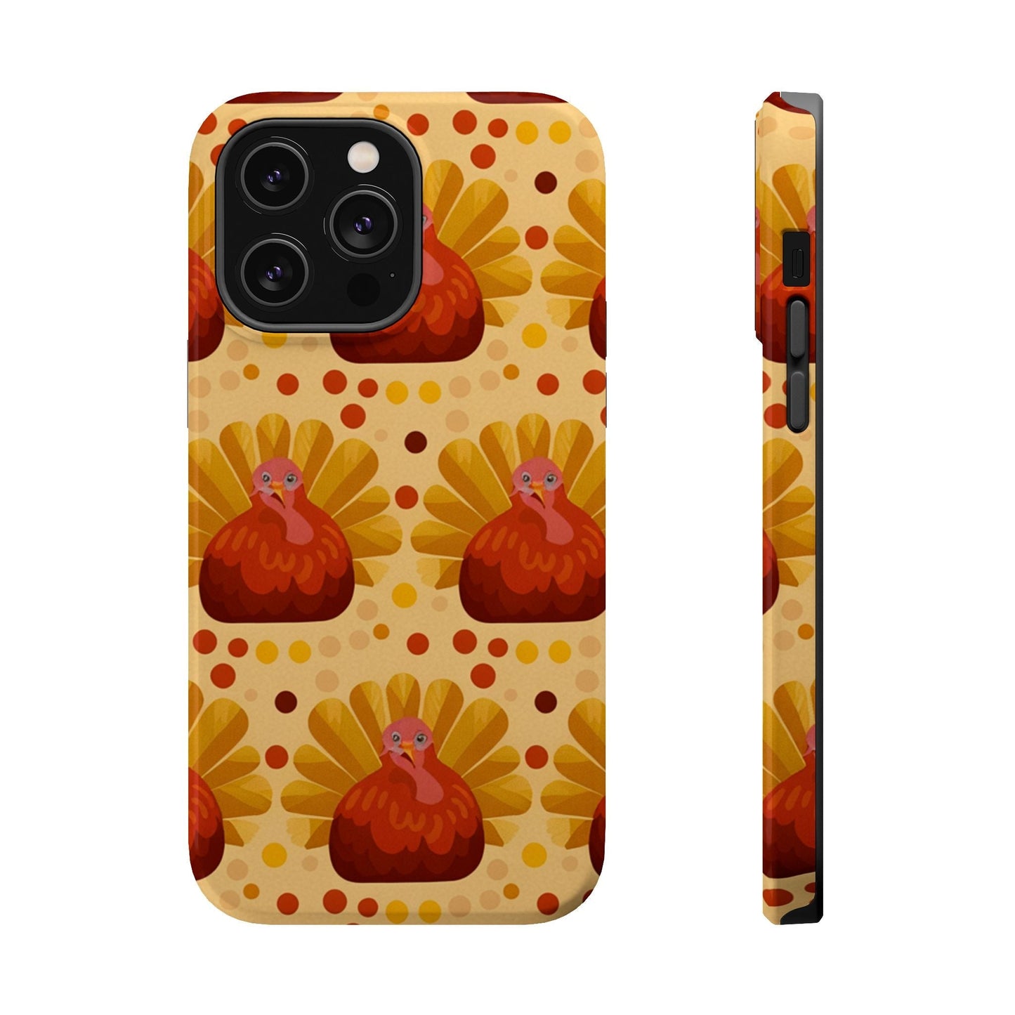 Turkey Celebration iPhone Case with festive turkey pattern, durable dual-layer protection, and MagSafe compatibility for Thanksgiving holiday.