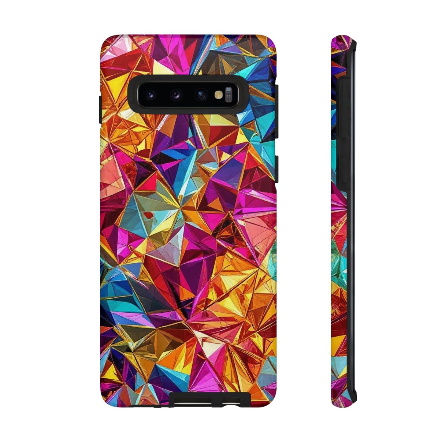 Rainbow foil Samsung phone case with vibrant geometric 3D design and durable impact protection.