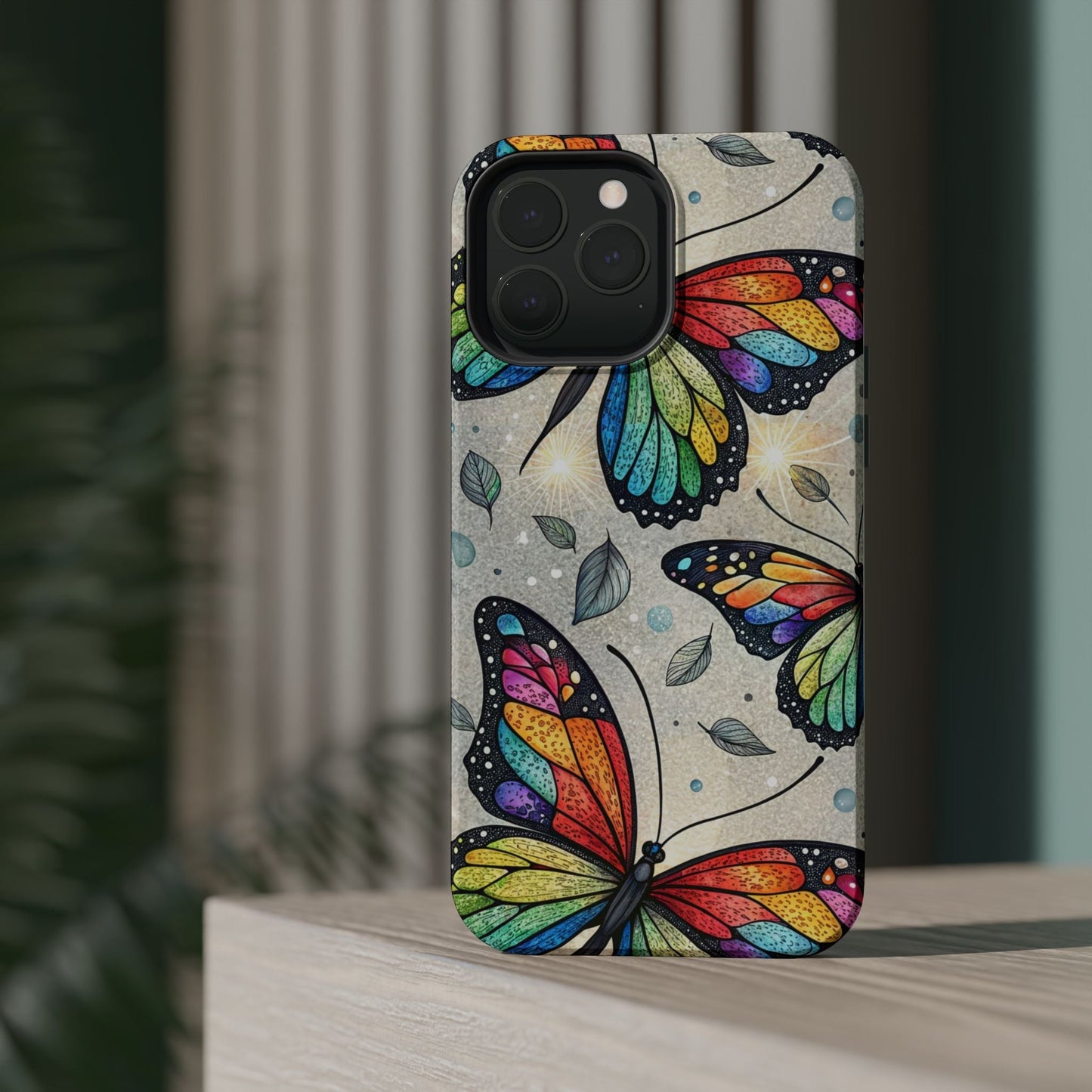 iPhone case with vibrant rainbow butterfly design, tough dual-layer protection, matte or glossy finish, MagSafe compatible