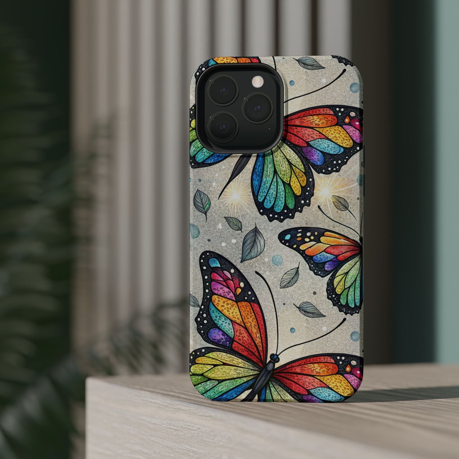 iPhone case with vibrant rainbow butterfly design, tough dual-layer protection, matte or glossy finish, MagSafe compatible
