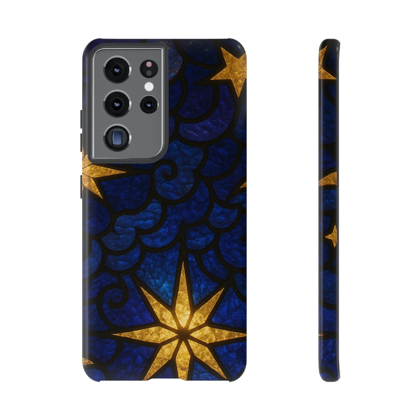 Golden Star Samsung phone case with blue background and gold star design, durable and impact-resistant protective cover for Samsung Galaxy models.
