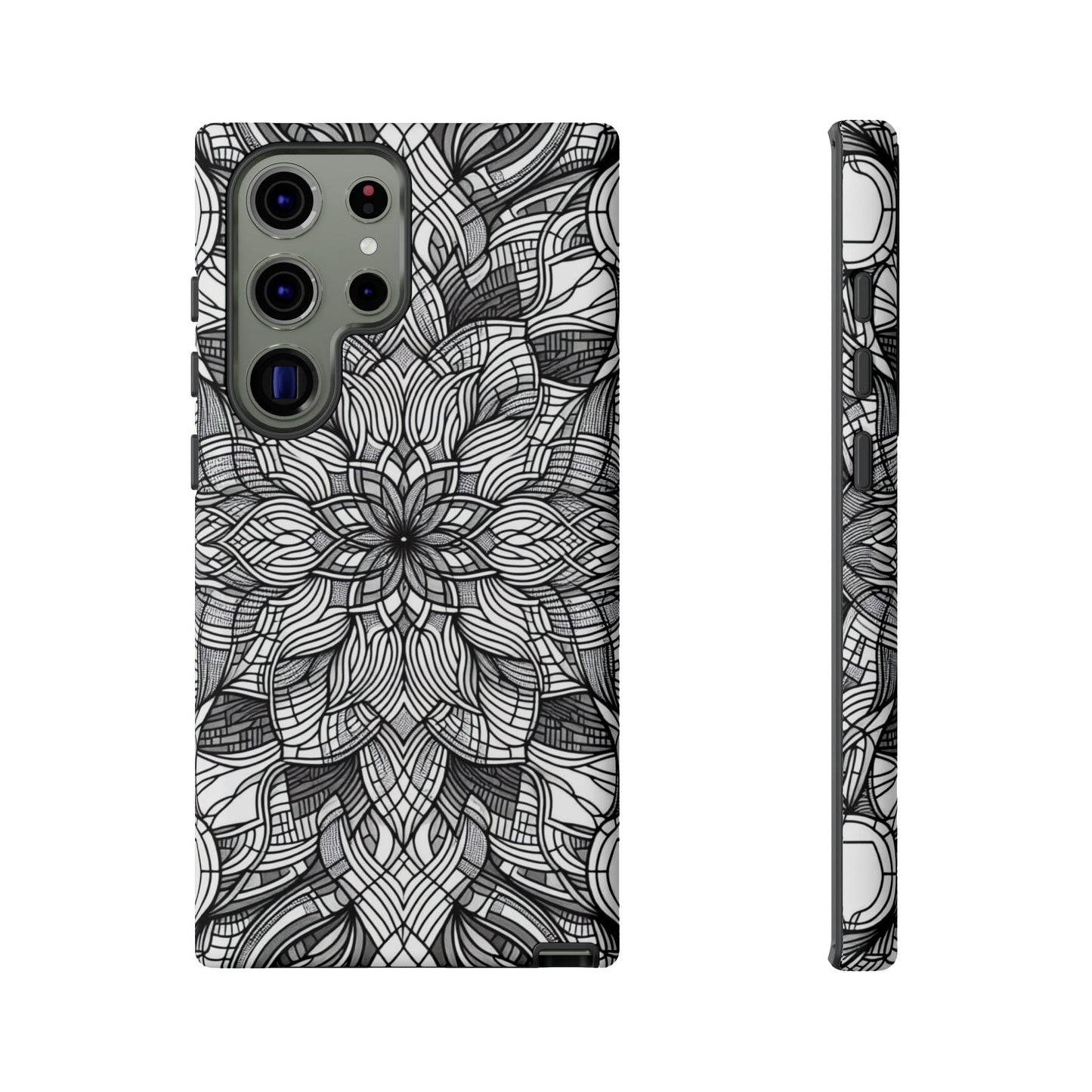 Black and White Art Explosion Samsung Tough Case with intricate floral and geometric pattern for full device protection