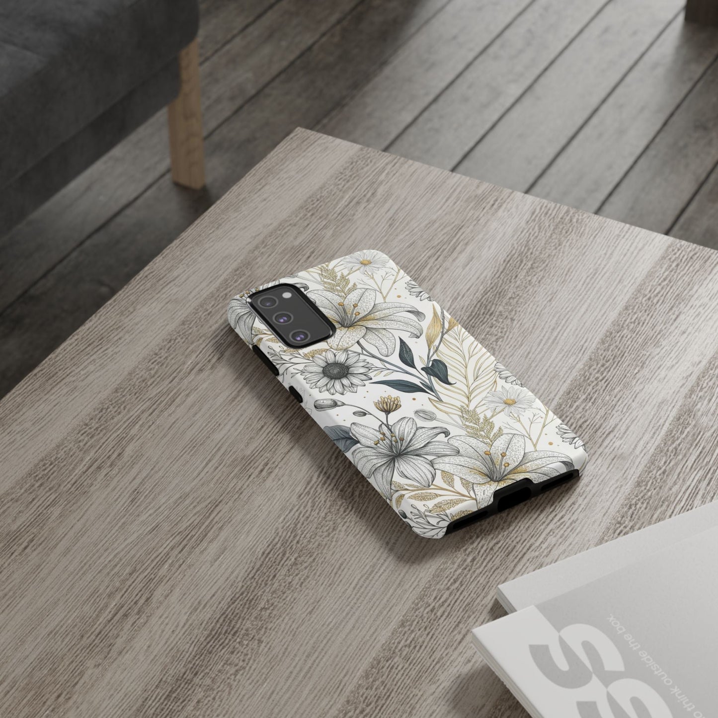 Samsung phone case with minimalist golden leaf and floral design for drop protection