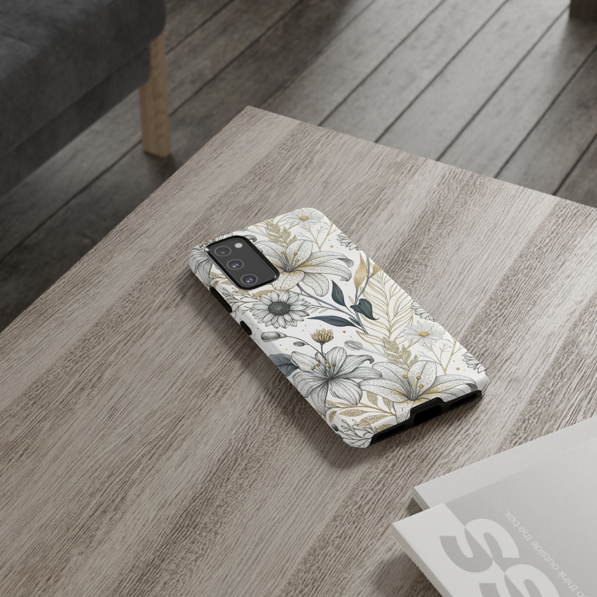 Samsung phone case with minimalist golden leaf and floral design for drop protection