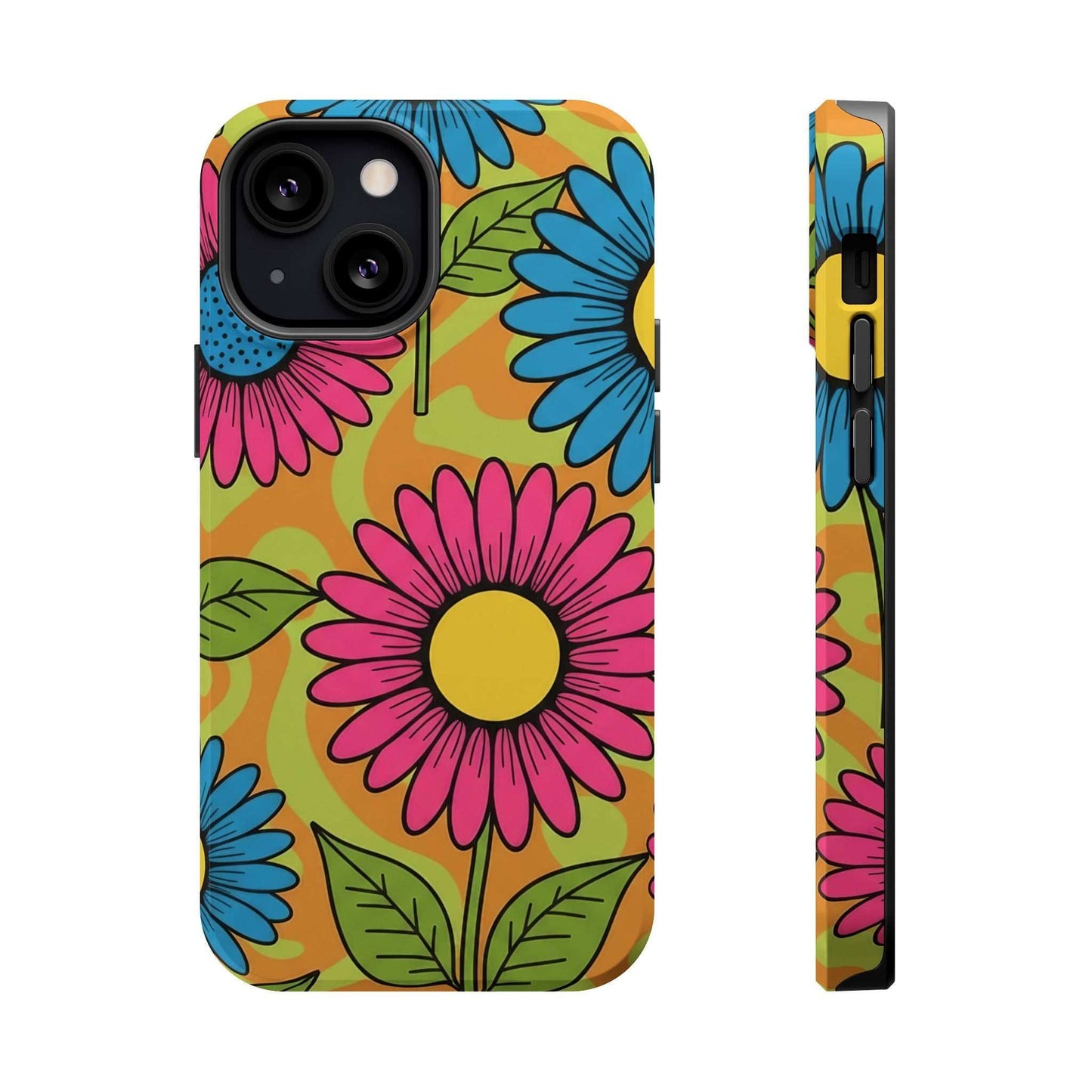 Flower Child iPhone Tough Case with vibrant floral design, durable dual-layer protection, MagSafe compatible, available in glossy or matte finish