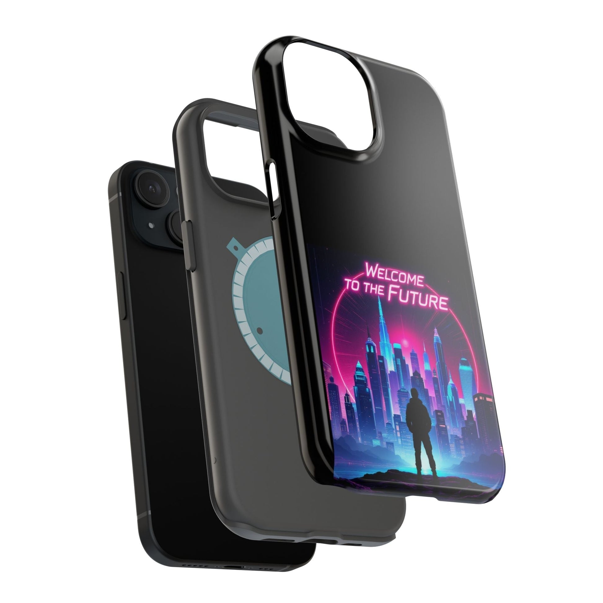 Futuristic Vibe iPhone Case with neon cityscape and "Welcome to the Future" text, durable MagSafe compatible tough case for iPhone.