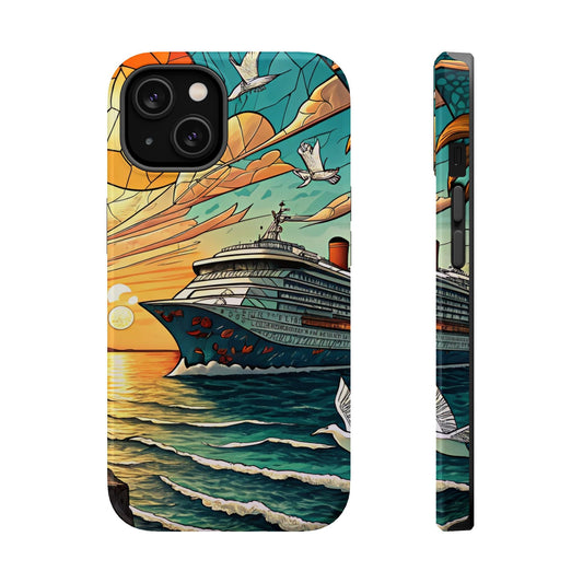Cruise Vacation iPhone tough case with durable dual-layer protection and ocean-themed vibrant print featuring a cruise ship and sunset, compatible with MagSafe® accessories.
