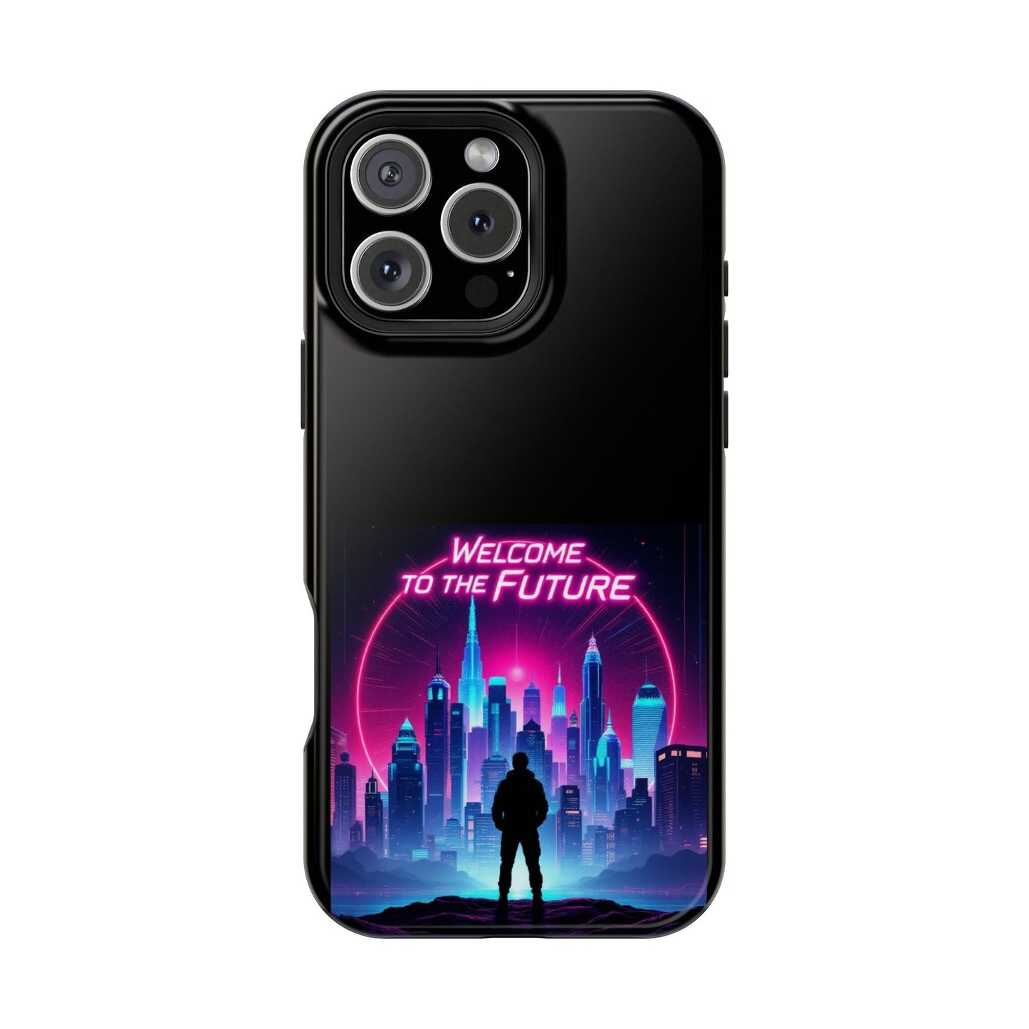 Futuristic Vibe iPhone Case with neon cityscape and "Welcome to the Future" text, durable MagSafe compatible protective cover