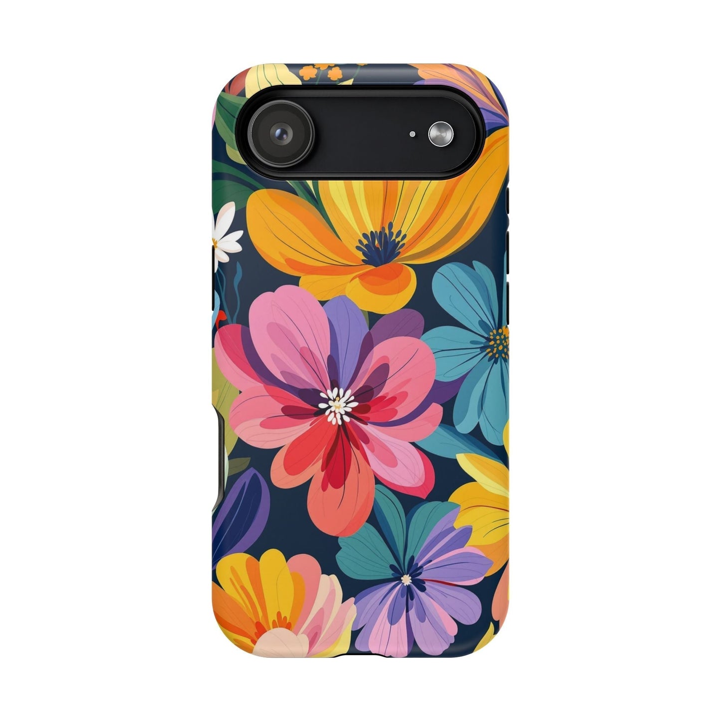 Colorful floral design iPhone 17 case with durable polycarbonate and TPU liner, glossy or matte finish, MagSafe compatible