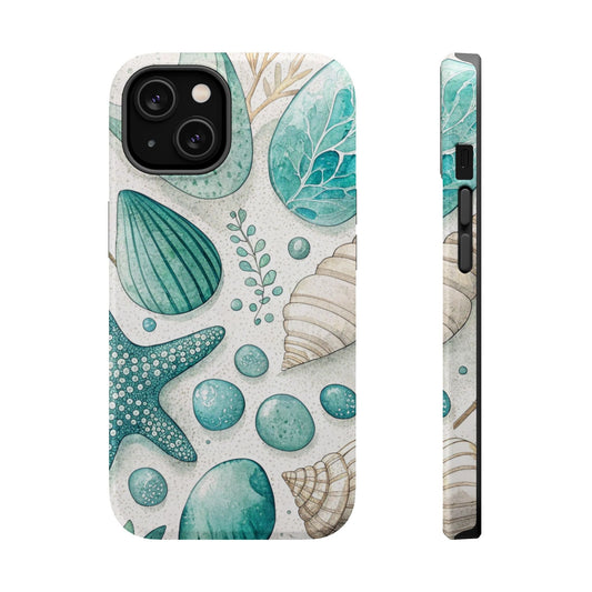 Celebration Sea iPhone Tough Case with ocean shell and starfish design, durable dual-layer protection, MagSafe compatible, glossy or matte finish options.