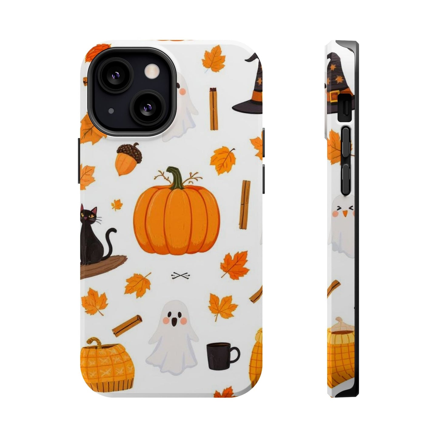 Halloween Pumpkins iPhone case with pumpkins, ghosts, black cat, autumn leaves, and fall-themed elements, durable protective cover with MagSafe compatibility