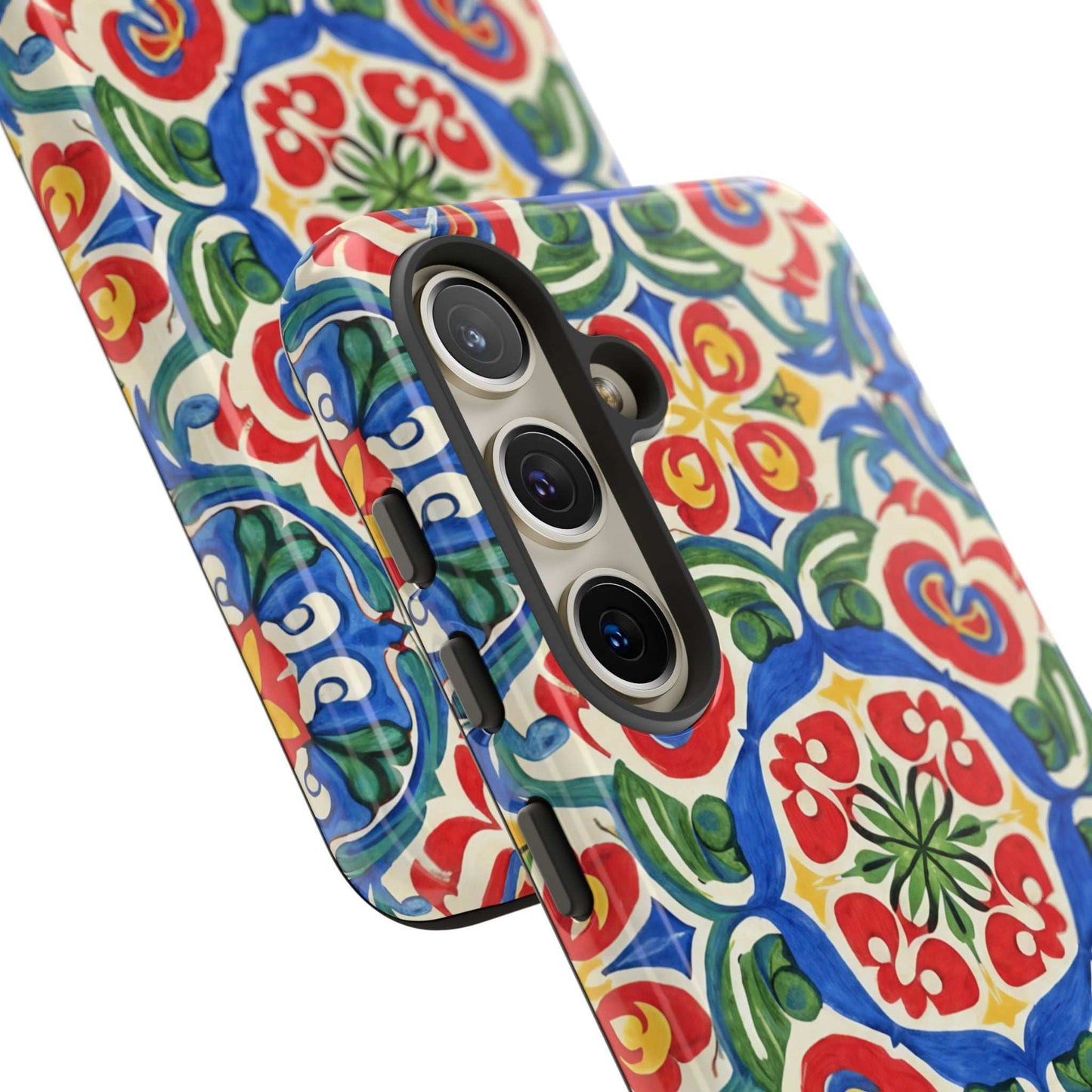 Mediterranean Samsung case with hand-painted folk tile pattern and protective dual-layer design