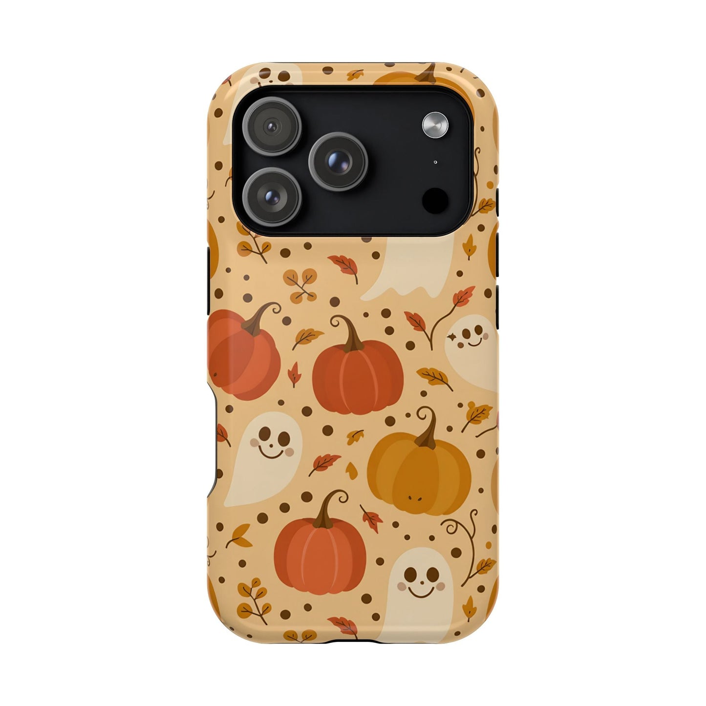 Spooky Pumpkins Halloween iPhone case with ghosts and pumpkins design, durable MagSafe compatible tough case