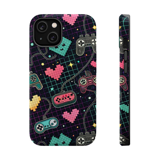Retro Gamer Inspired durable dual-layer iPhone case with MagSafe, featuring pixelated hearts and classic game controllers on a black grid background.
