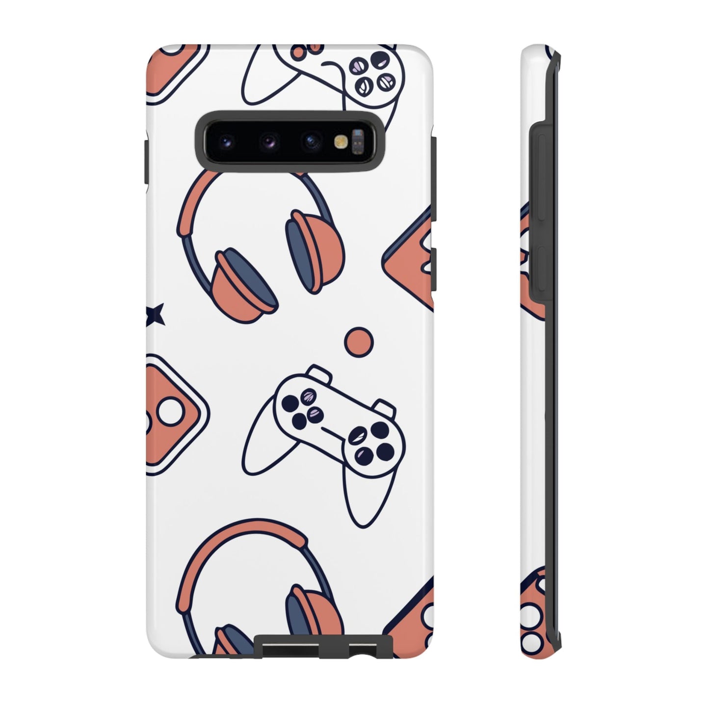 Samsung phone case with gamer-themed design featuring controllers and headphones, durable and impact-resistant protection for Galaxy models.