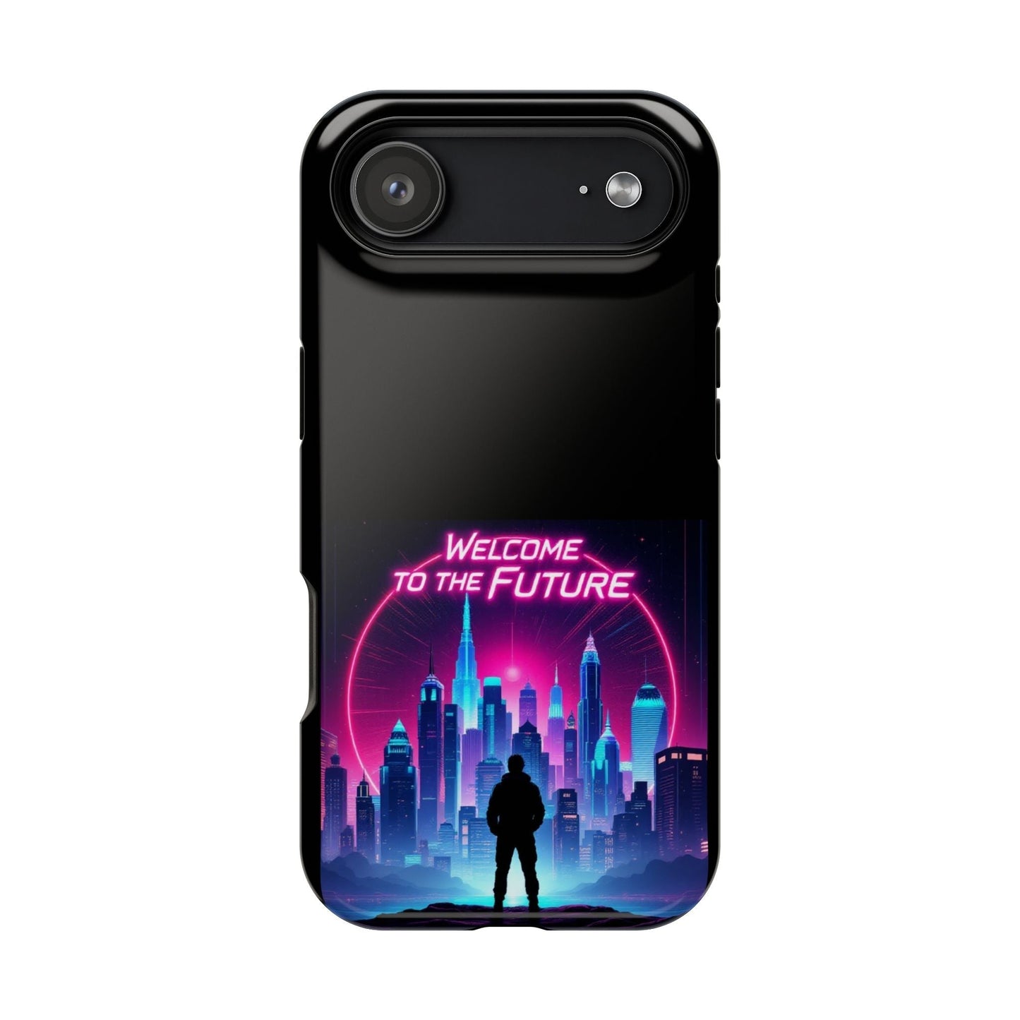 Futuristic Vibe iPhone Case with neon cityscape and "Welcome to the Future" text, durable MagSafe compatible tough case