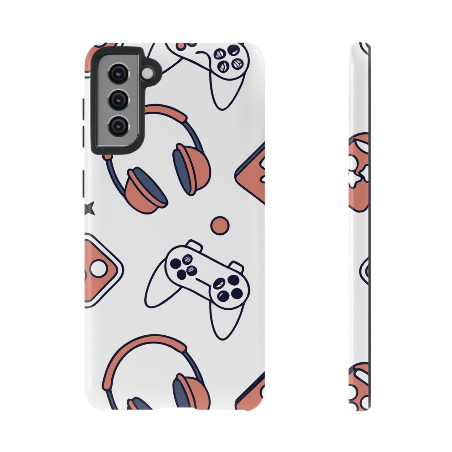 Samsung phone case with gamer design featuring controllers, headsets, and gaming icons, durable and impact-resistant protection.