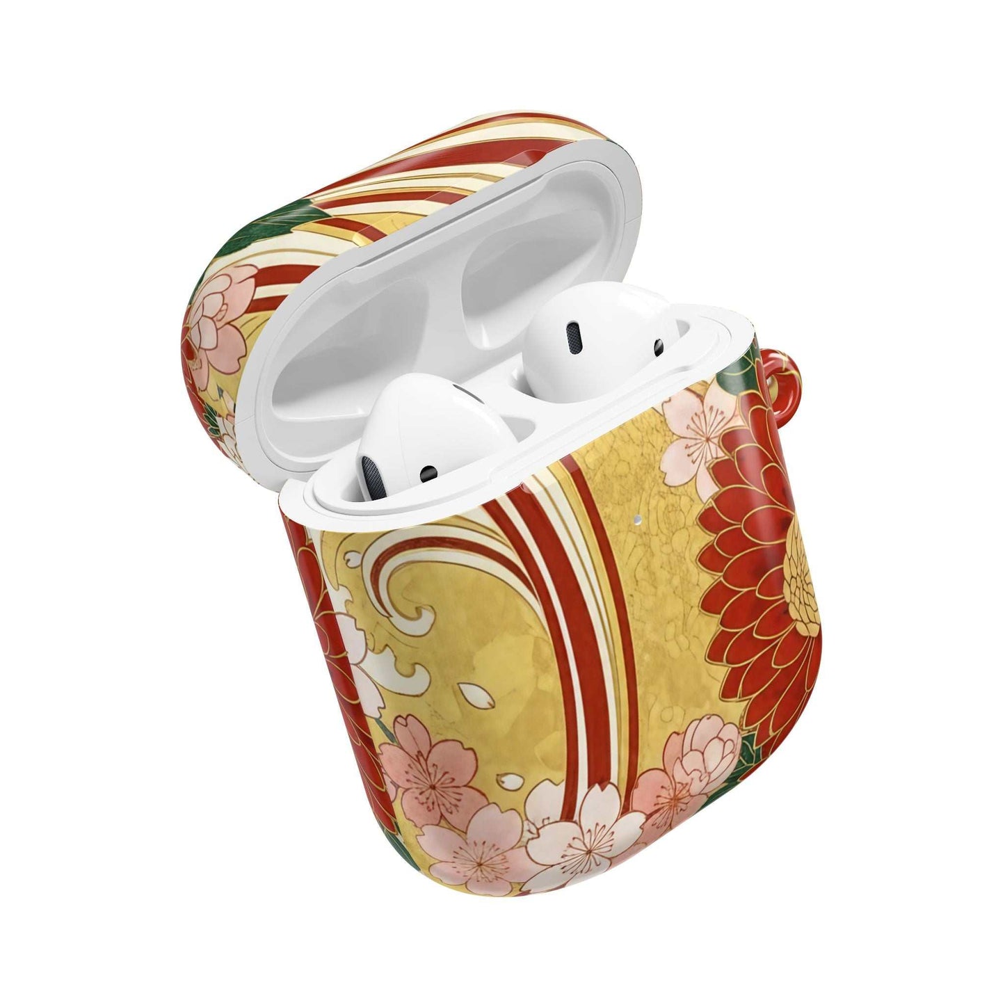Japanese floral gold chrysanthemum design AirPod case with gloss finish and carabiner, compatible with Qi charging.