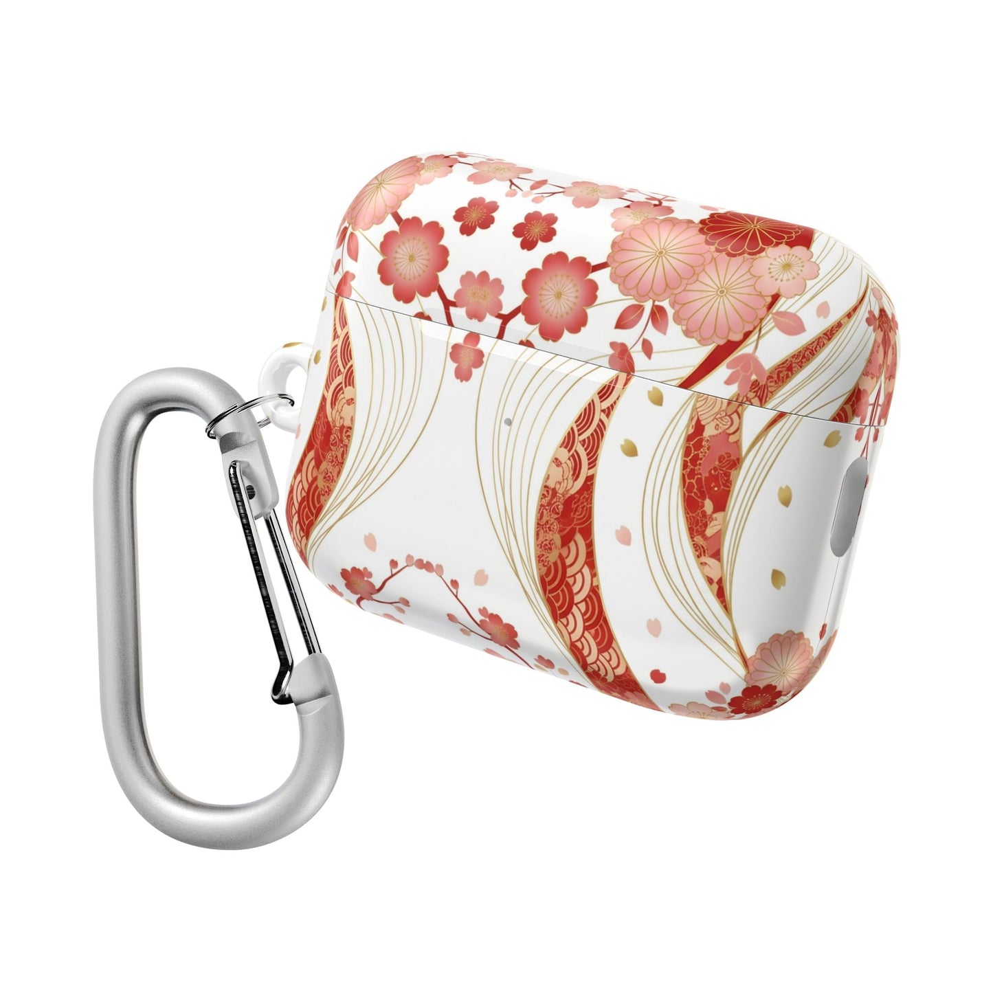 Red Golden Flower AirPod Case with luxury floral design and silver carabiner attachment
