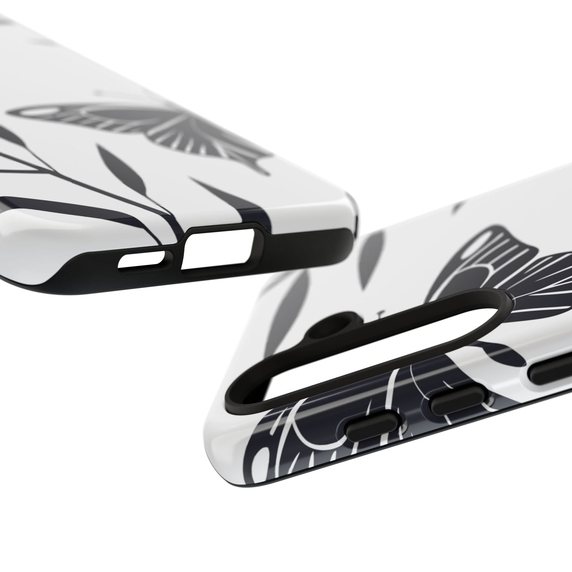 Minimalist black and white butterfly design Samsung phone case with protective slim fit and precise cutouts.