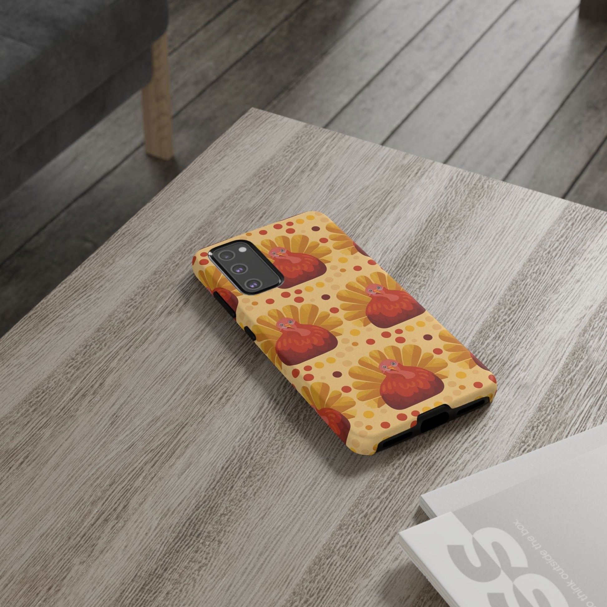 Turkey Samsung phone case with festive Thanksgiving design and durable dual-layer protection on a wooden table