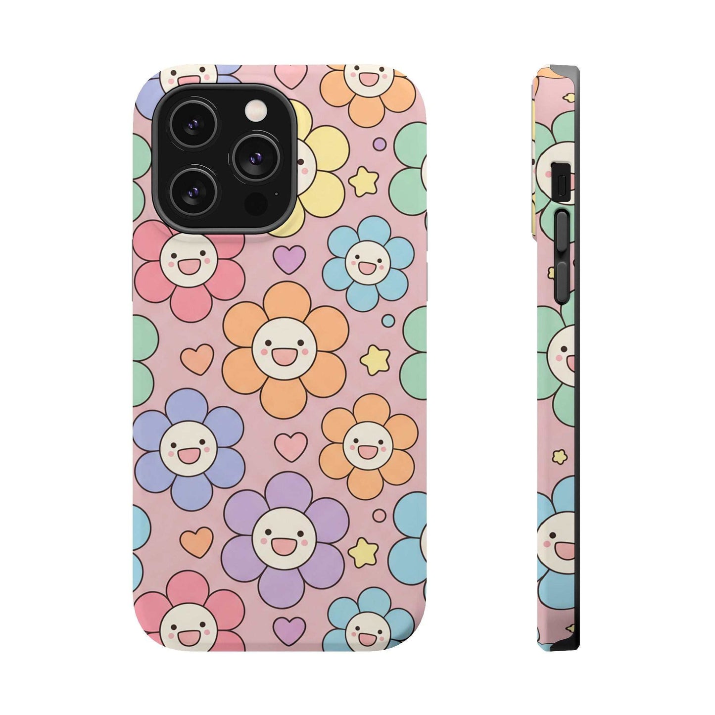 Happy Flower iPhone Tough Case with colorful smiling floral pattern and MagSafe compatibility, impact-resistant phone cover.