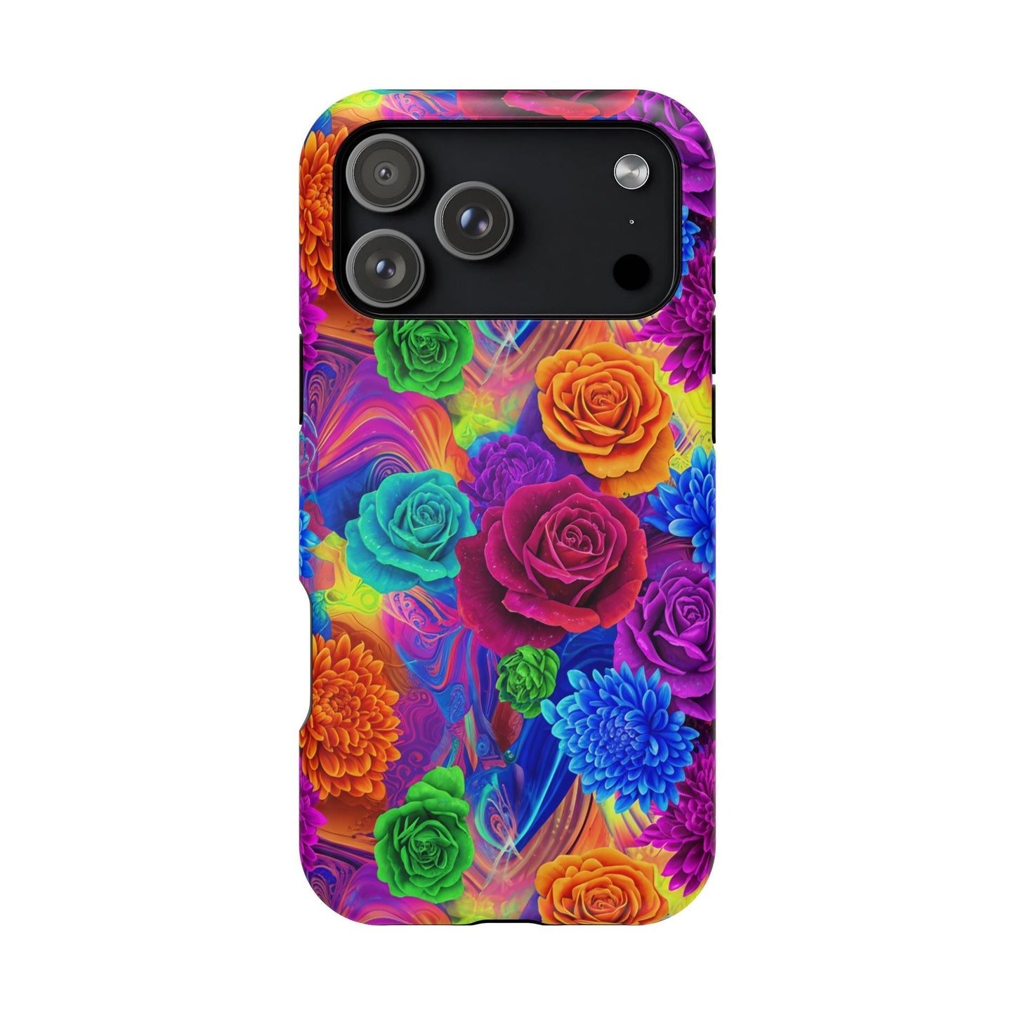 iPhone tough case with vibrant seamless floral pattern and impact-resistant dual-layer design