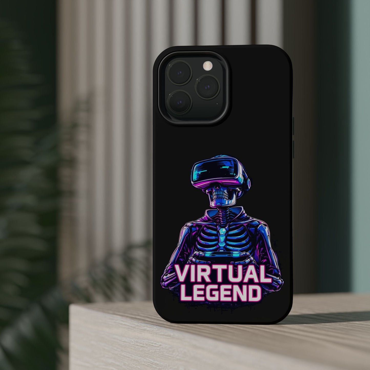 Virtual Legend Gamer iPhone tough case with neon skeleton and VR headset design on black background, durable protective cover.
