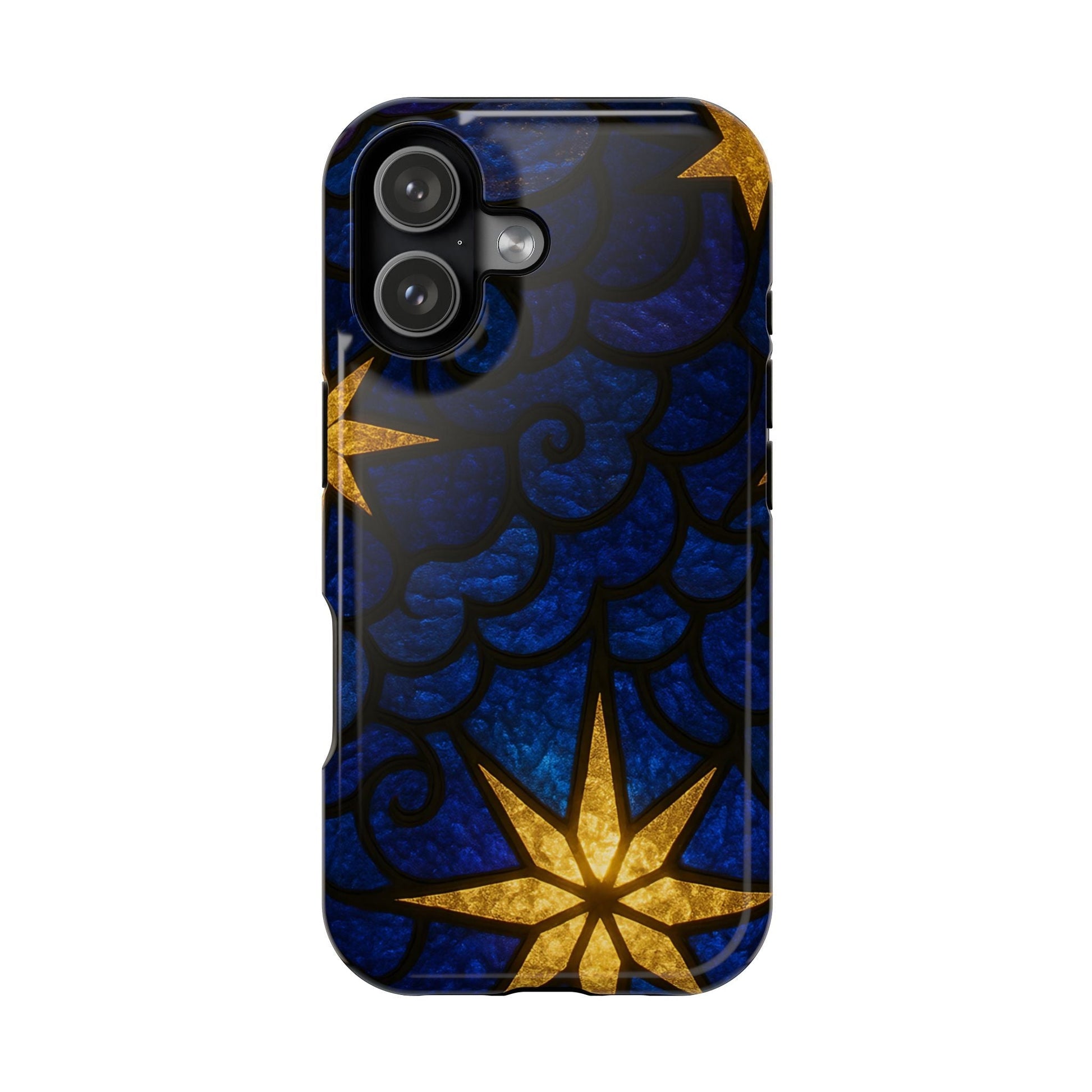 iPhone tough case with golden star design, durable polycarbonate and TPU material, MagSafe compatible, glossy finish