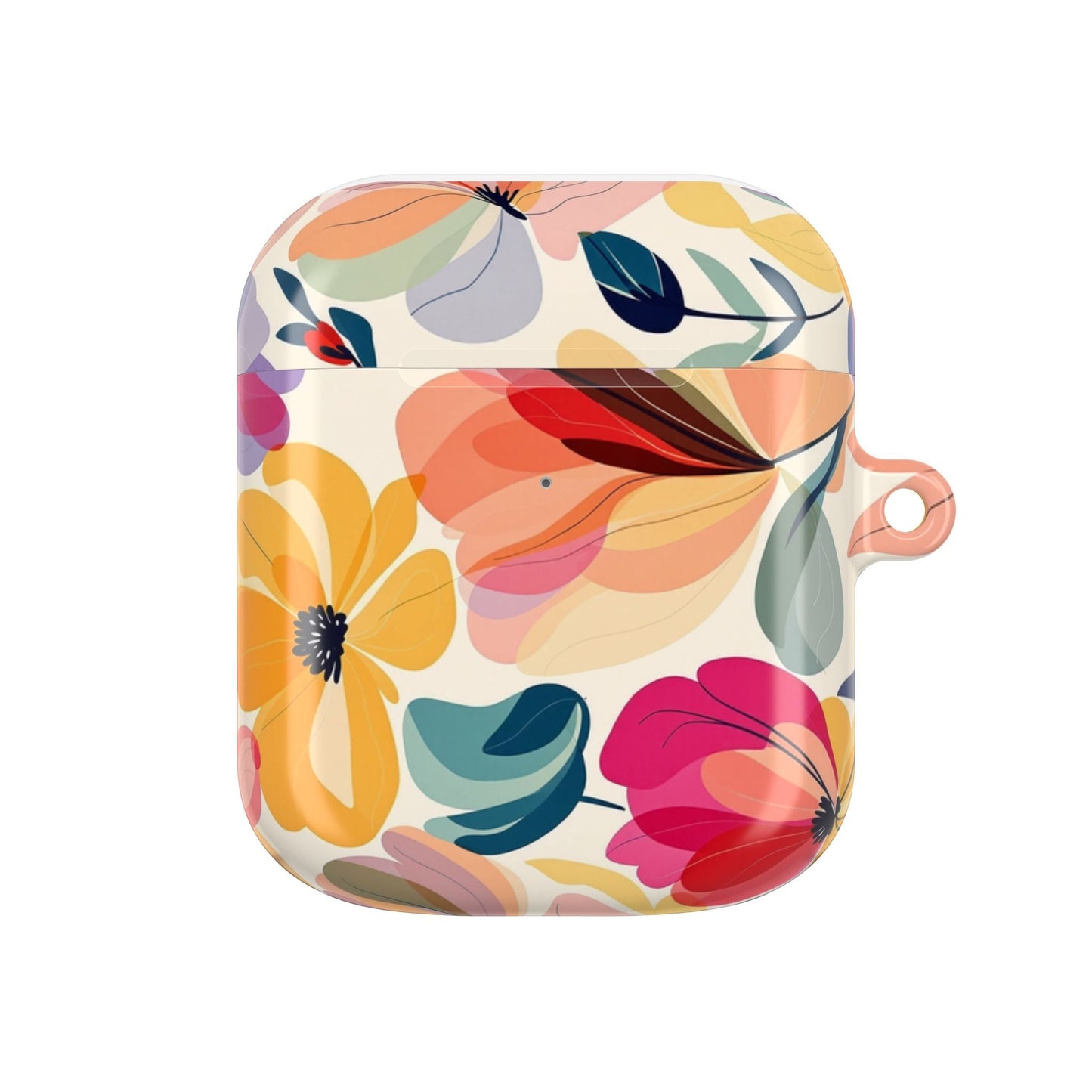 Floral AirPod case with colorful watercolor flowers, lightweight polycarbonate protection, and a carabiner attachment.