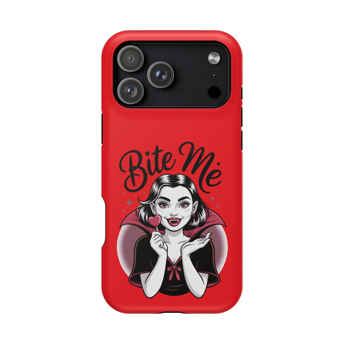 Halloween Vampire iPhone Tough Case with red design and "Bite Me" text featuring a vampire girl holding a heart-shaped lollipop