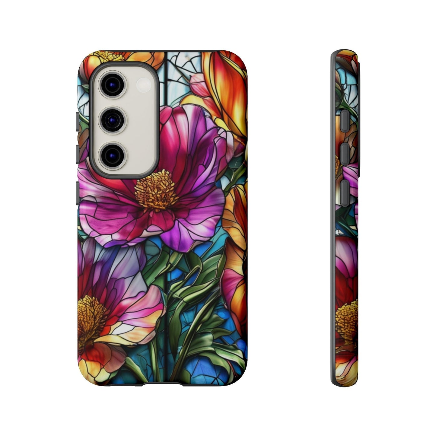 Samsung phone case with vibrant purple flower design, durable impact-resistant protection, and UV coating