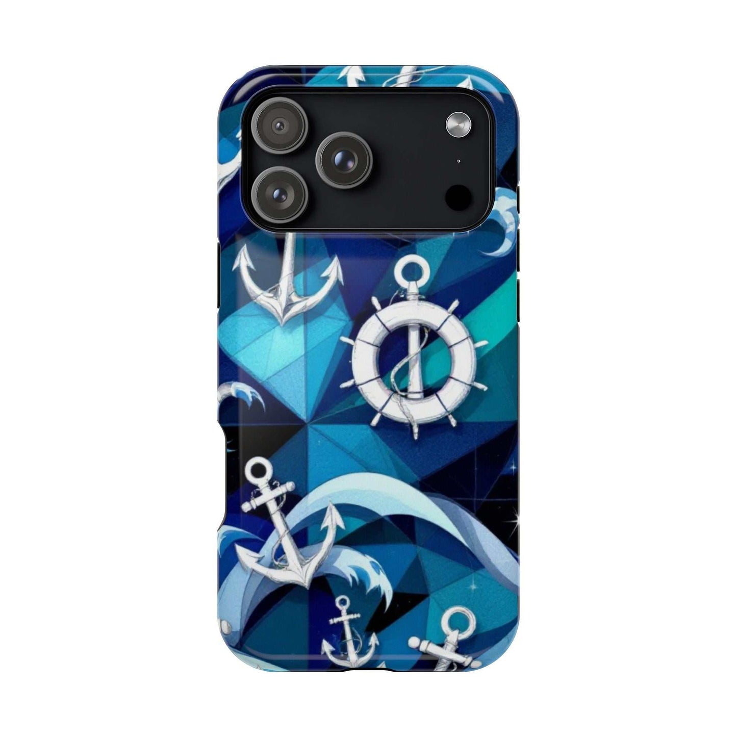 Nautical Anchors iPhone case with blue anchor and ship wheel design, durable coastal phone cover with MagSafe compatibility
