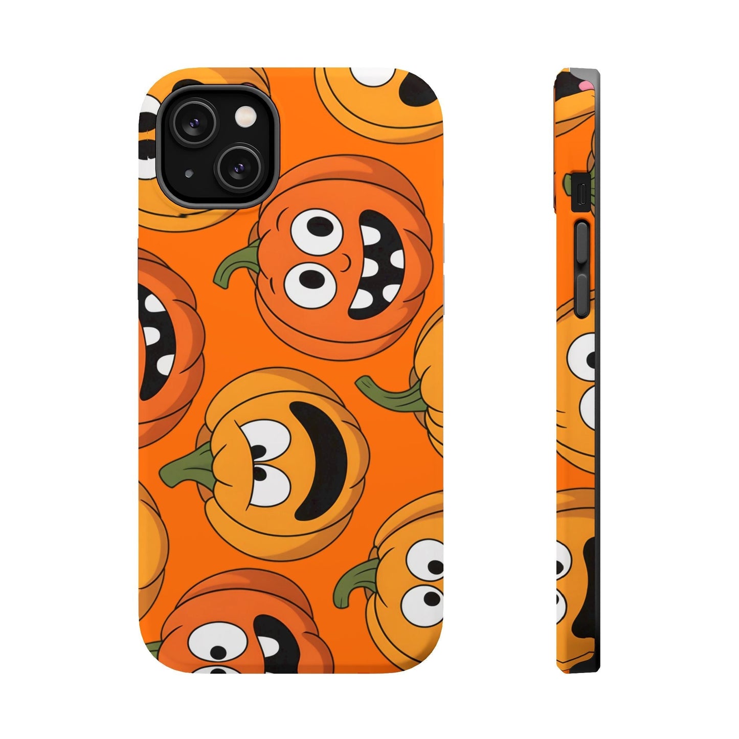 iPhone case with vibrant Moody Pumpkins Design featuring smiling pumpkin faces in orange Halloween theme with dual-layer protection and MagSafe compatibility