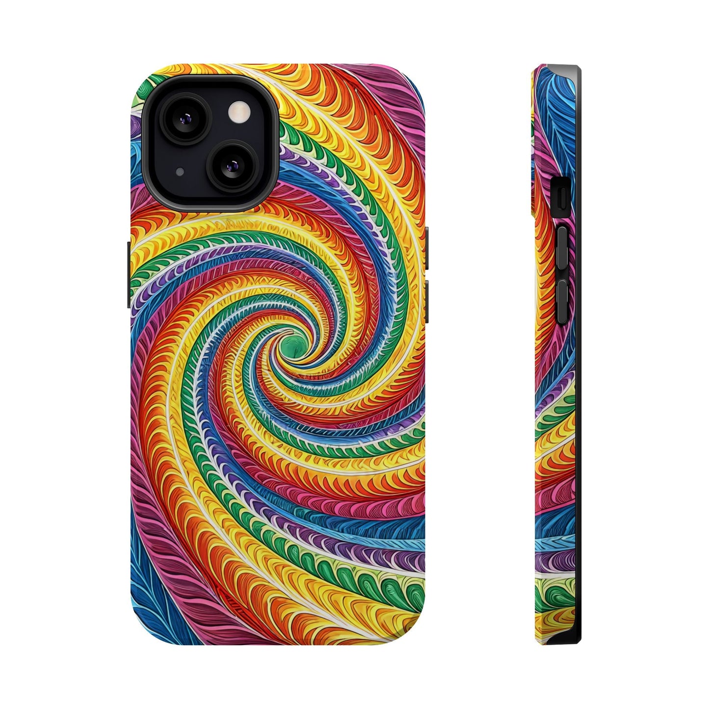 Rainbow Swirl iPhone Tough Case with vibrant colorful spiral design and MagSafe compatibility