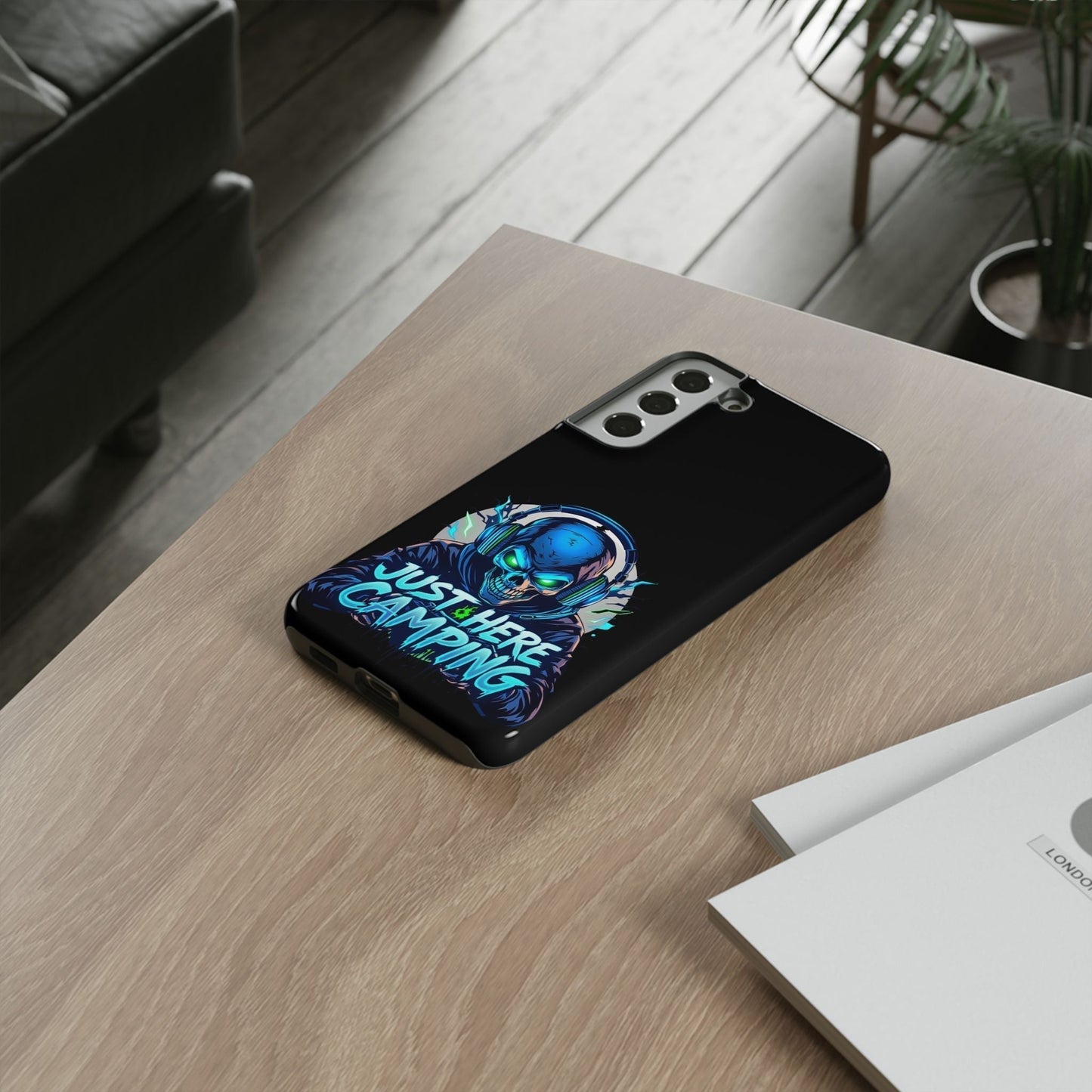 Samsung Tough Case for gaming enthusiasts with "Just Here Camping" vibrant 3D print design