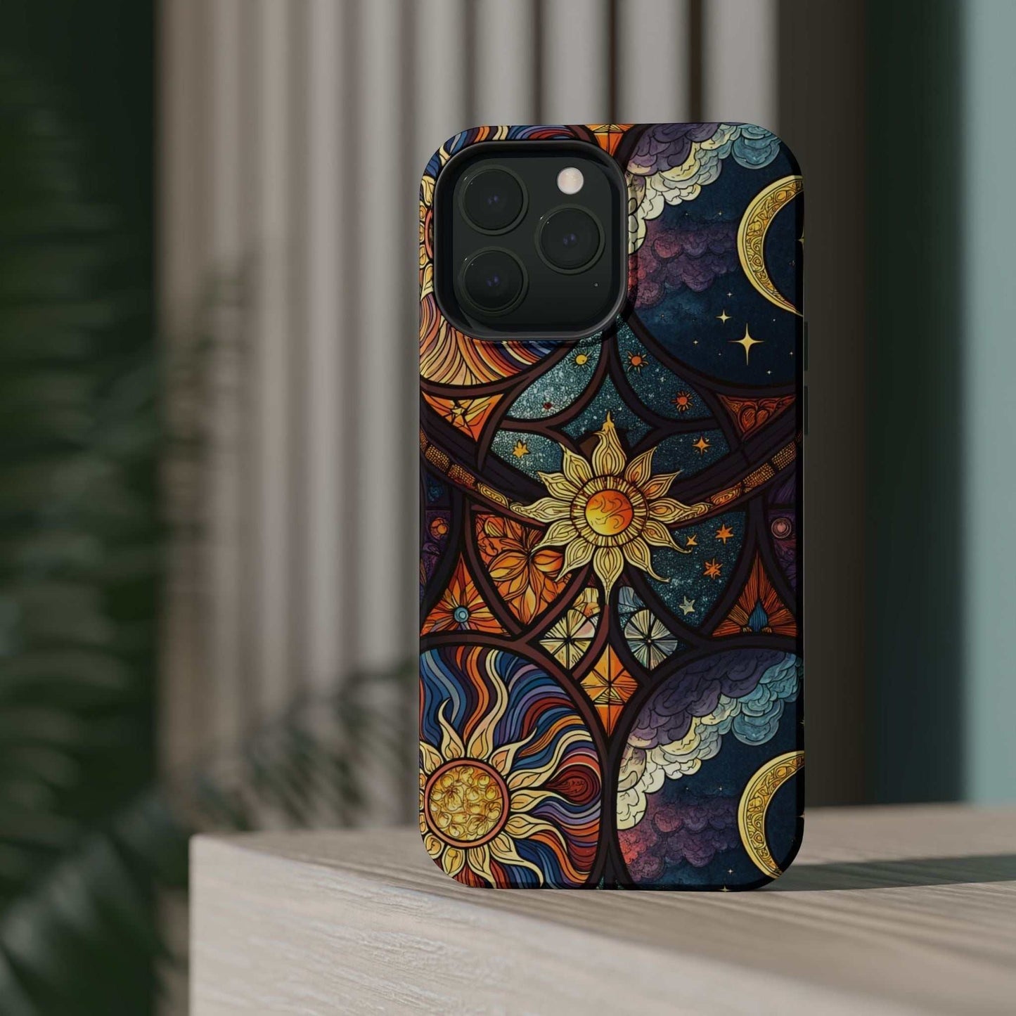 Sun and Moon iPhone Case with cosmic celestial design for iPhone 13 to 16 series, durable protection and MagSafe compatible