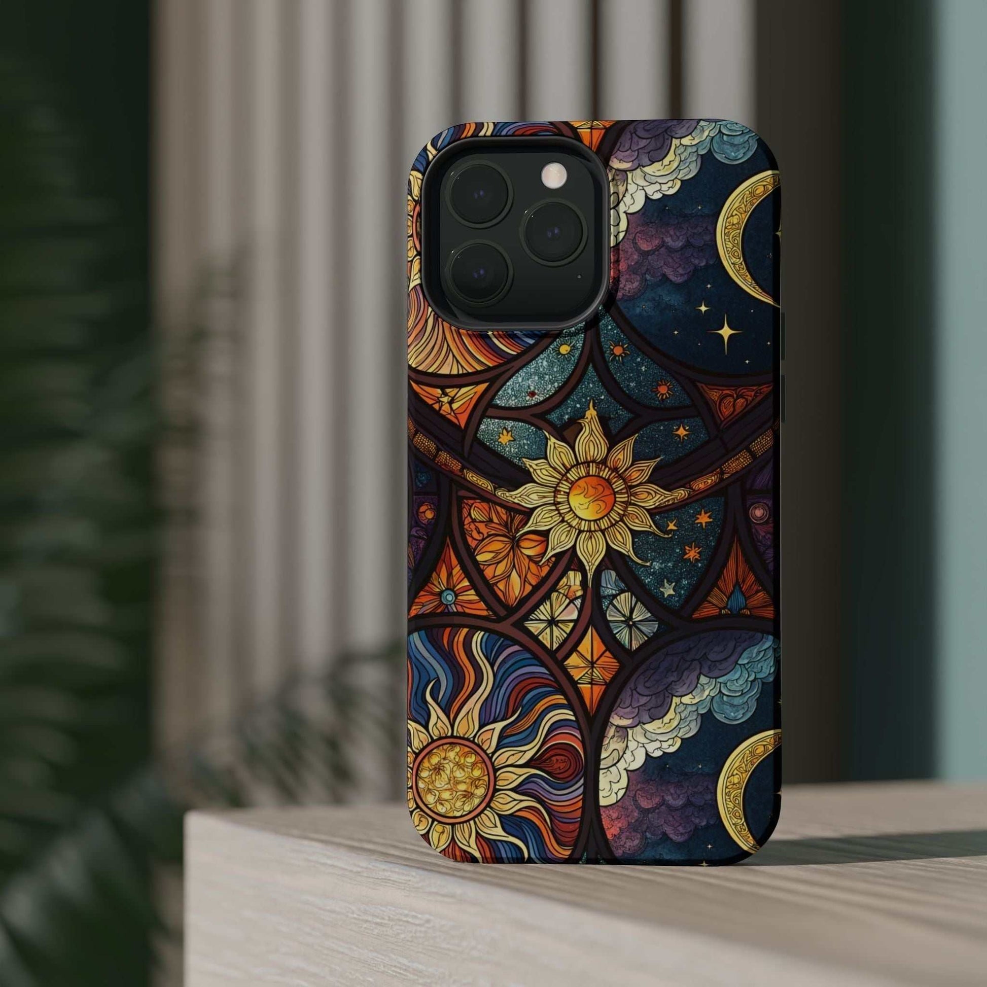 Sun and Moon iPhone Case with cosmic celestial design for iPhone 13 to 16 series, durable protection and MagSafe compatible