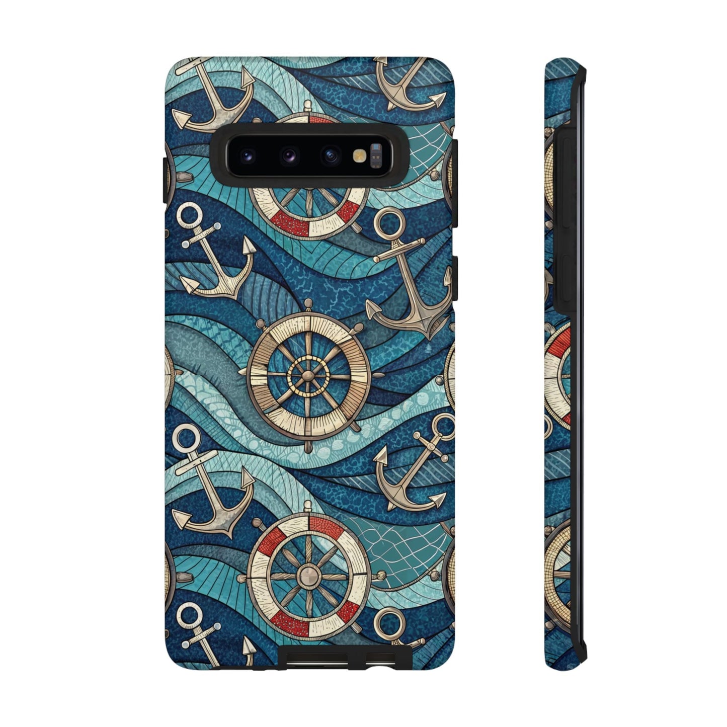 Nautical Anchor Samsung Tough Case with blue maritime design, anchors, life preservers, and ship wheels for Samsung Galaxy phone protection