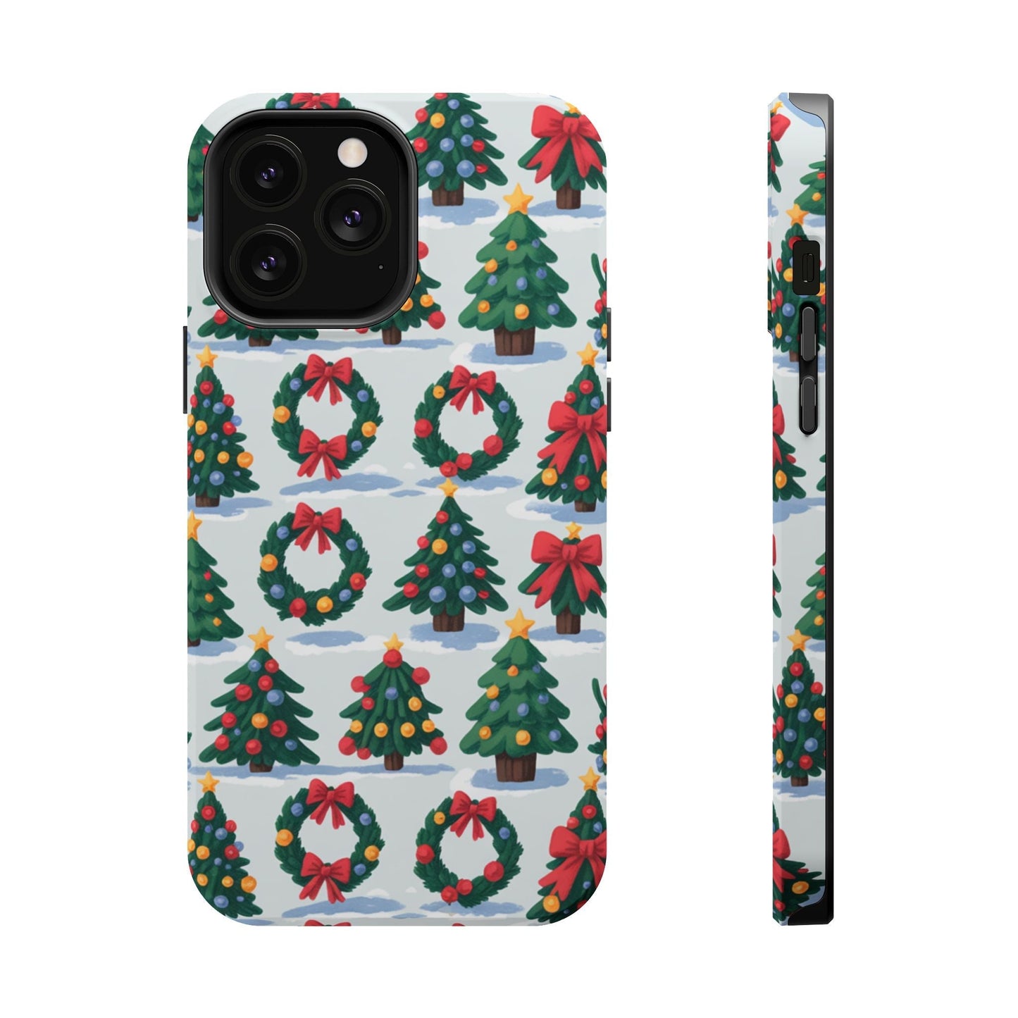 iPhone case with festive holiday tree and wreath pattern in vibrant Christmas colors