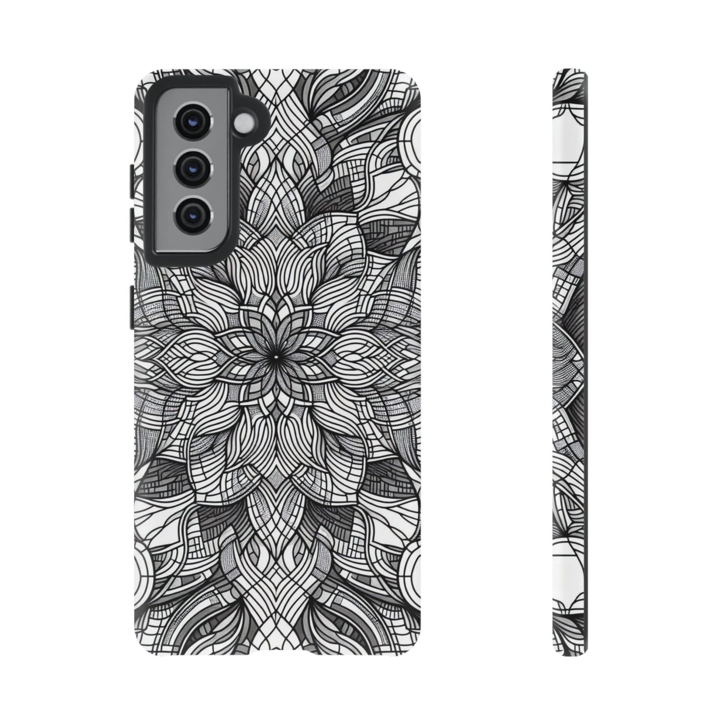 Black and White Art Explosion Samsung phone case with intricate floral design and full protection.