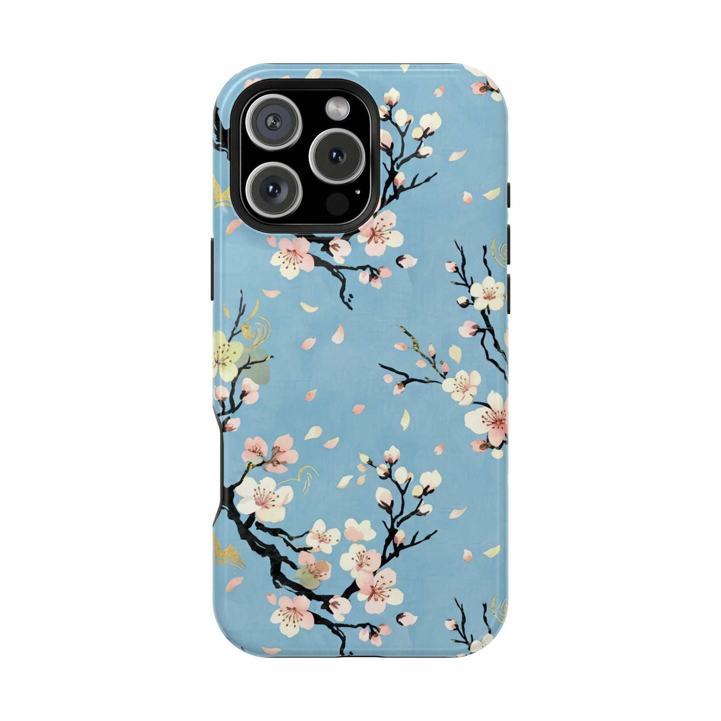 Spring Bloom iPhone Tough Case with floral cherry blossom design on blue background, magnetic impact-resistant phone cover with dual-layer protection and MagSafe compatibility