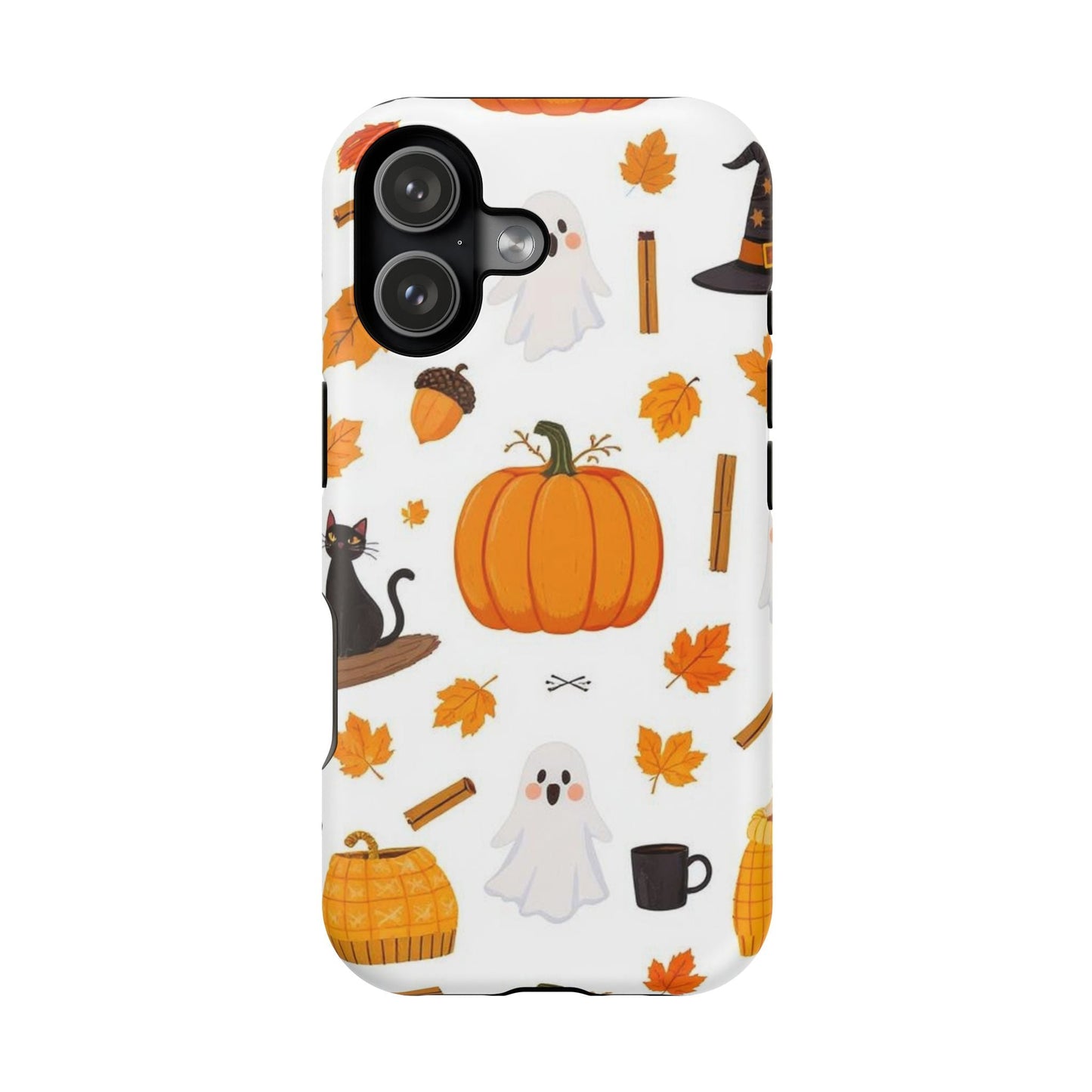 iPhone case with Halloween pumpkins, ghosts, black cat, and autumn leaves design for spooky fall protection