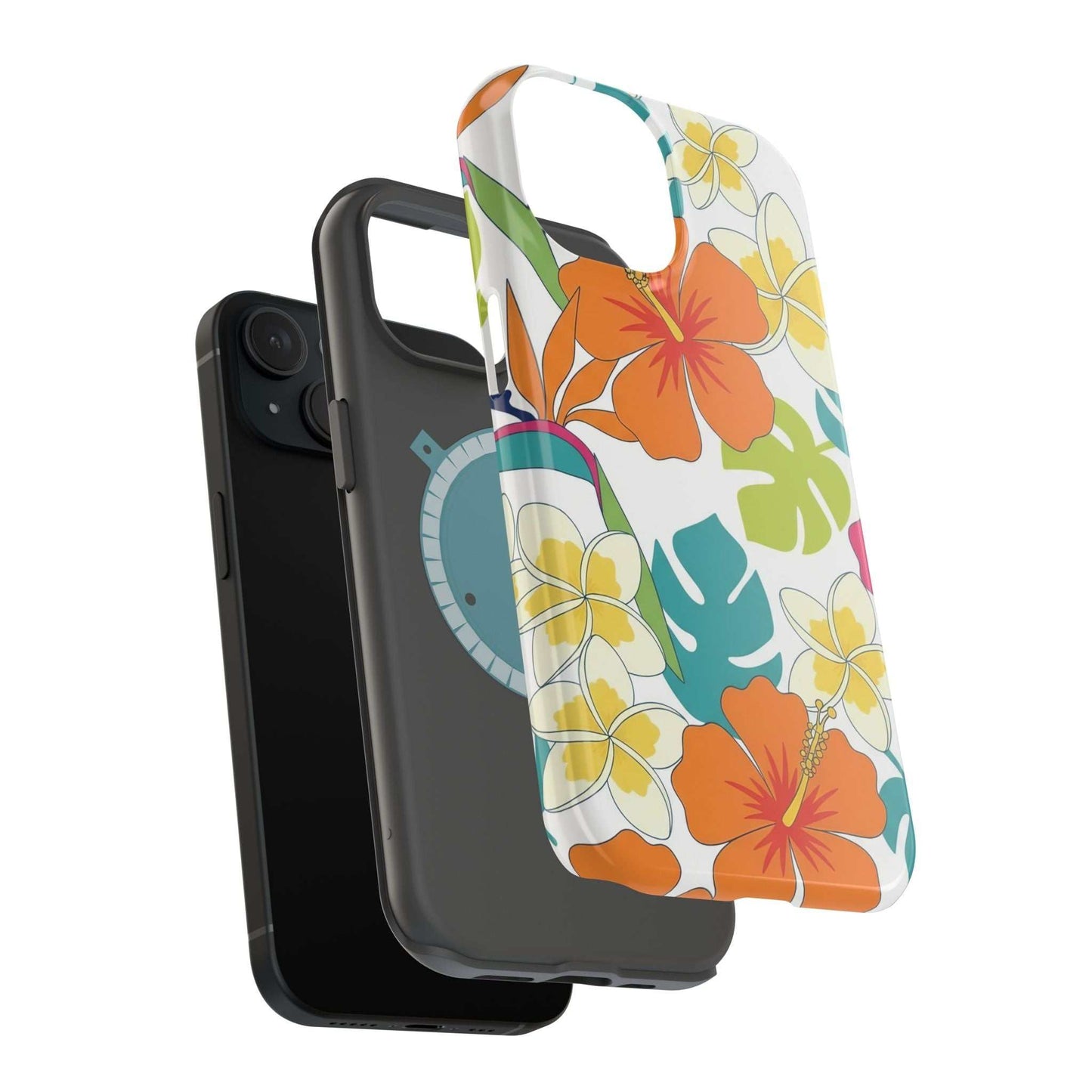 Floral iPhone case with orange tropical flowers and MagSafe compatible impact-resistant design