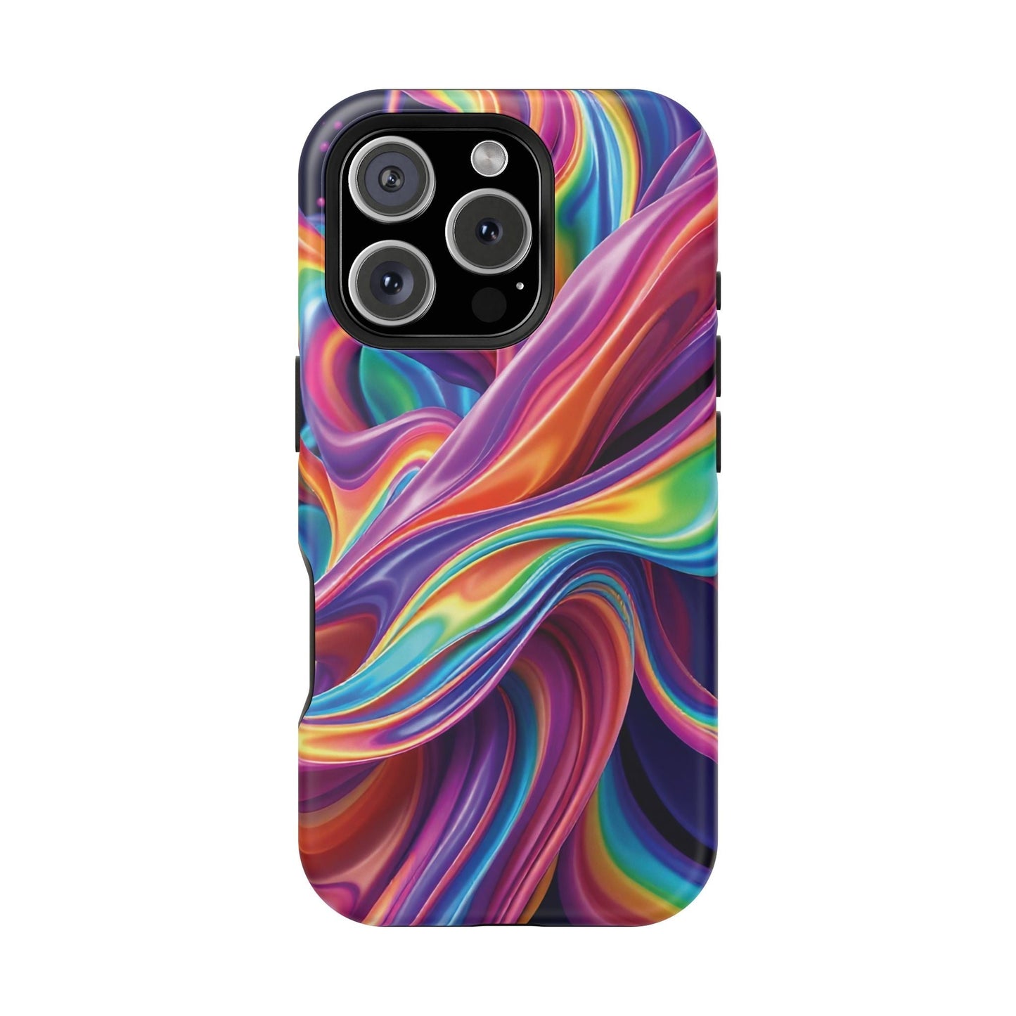 iPhone tough case with vibrant wrapping rainbow design and MagSafe compatibility