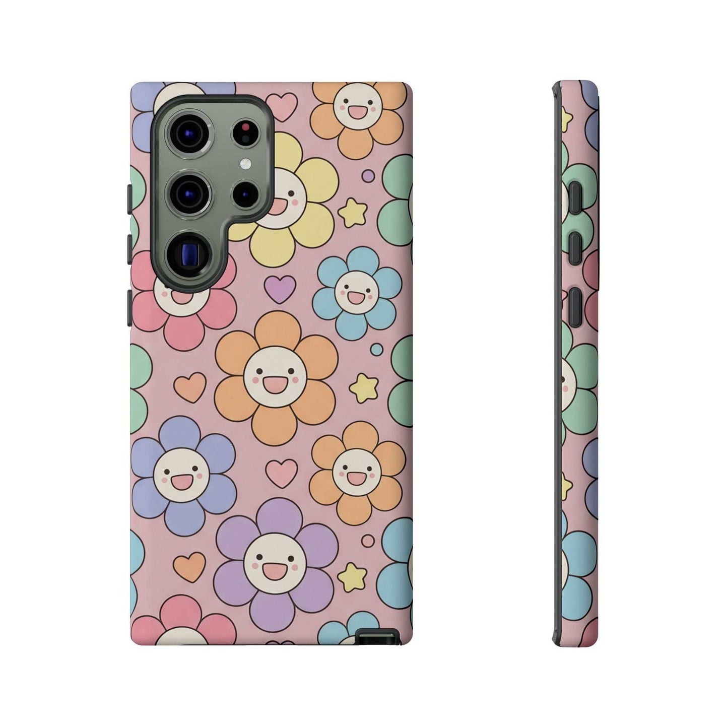 Happy Flower Samsung Phone Case with colorful smiling floral design and dual-layer protection