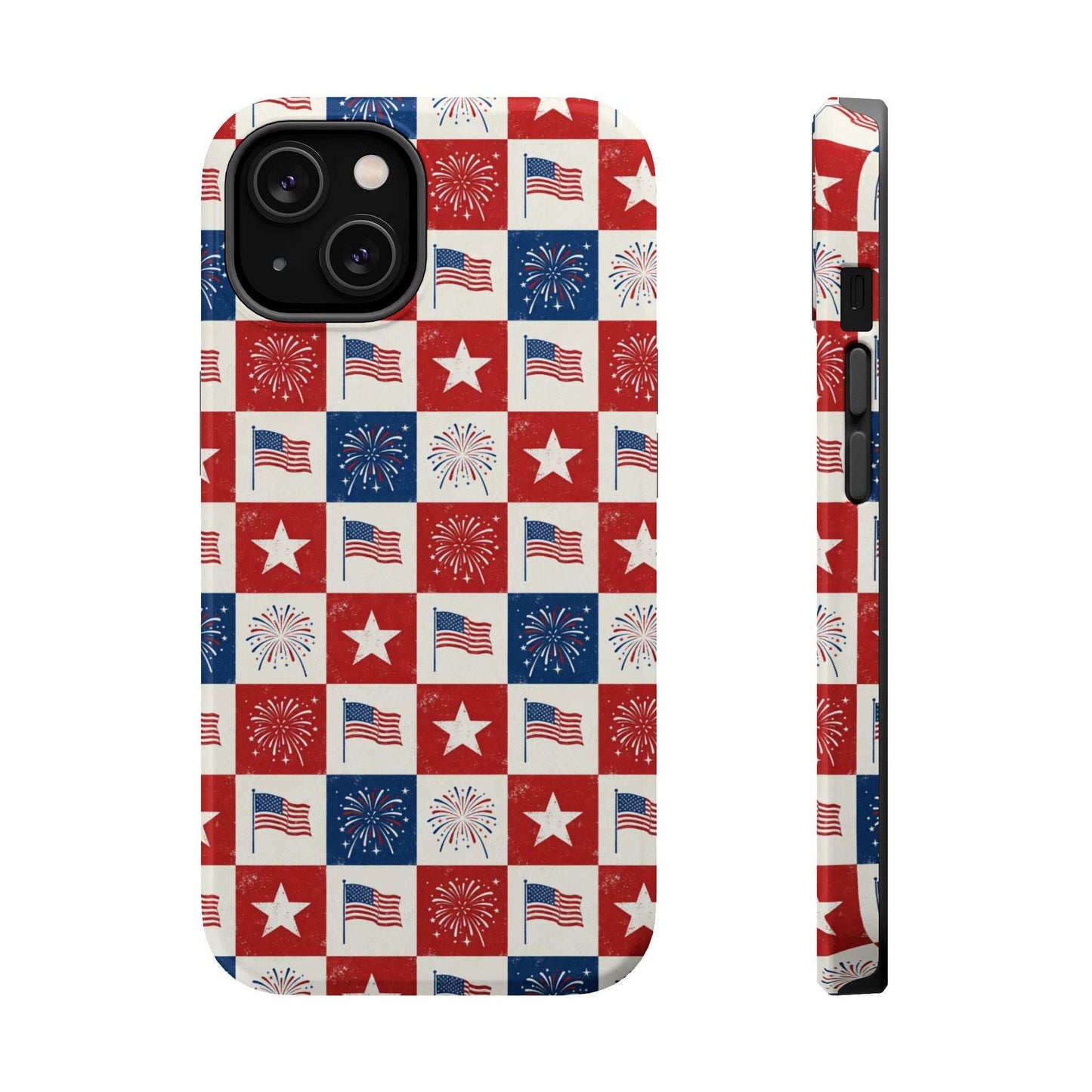 4th of July patriotic iPhone case with red white blue checkered fireworks design and MagSafe compatibility