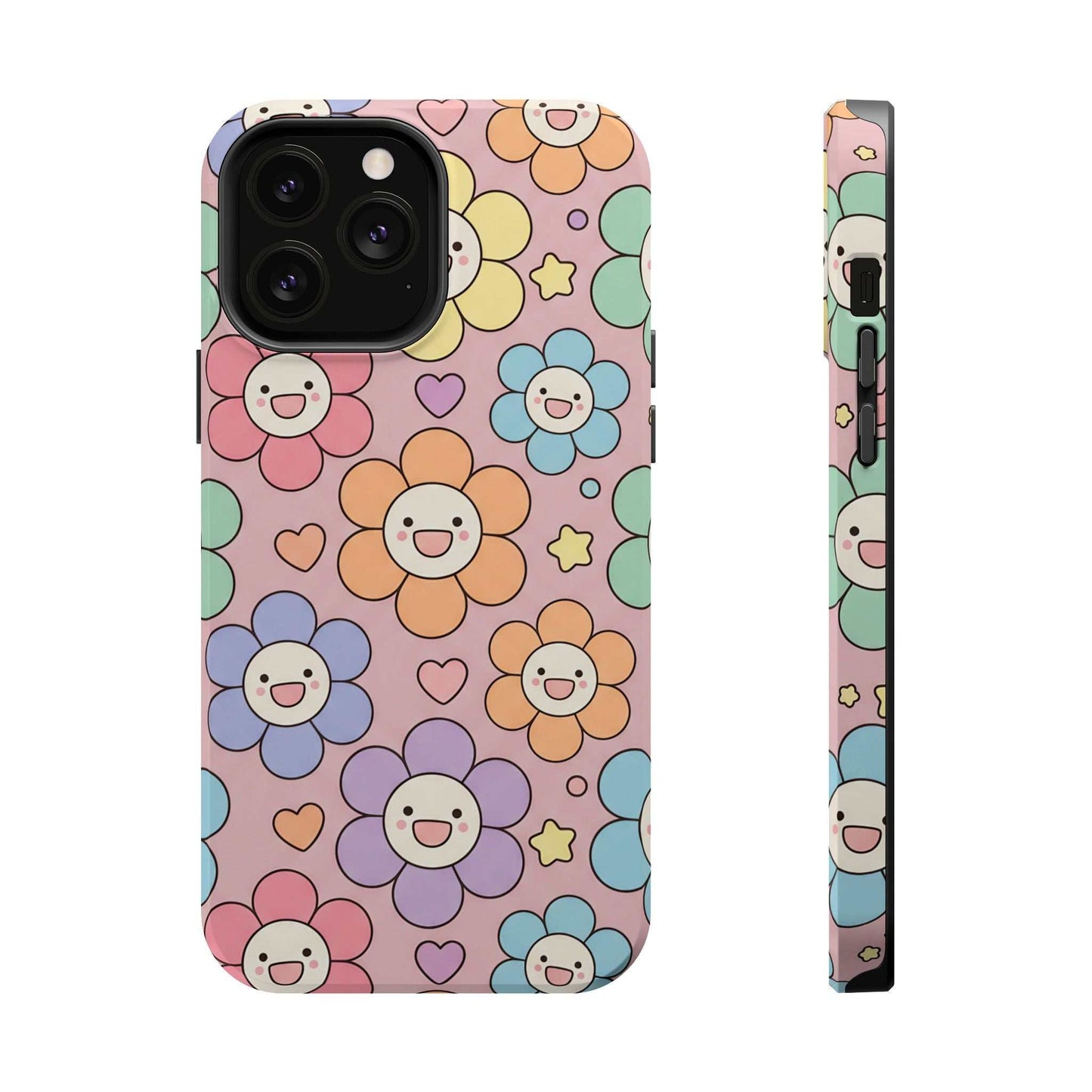 Happy Flower iPhone Tough Case with colorful smiling floral pattern and MagSafe compatibility